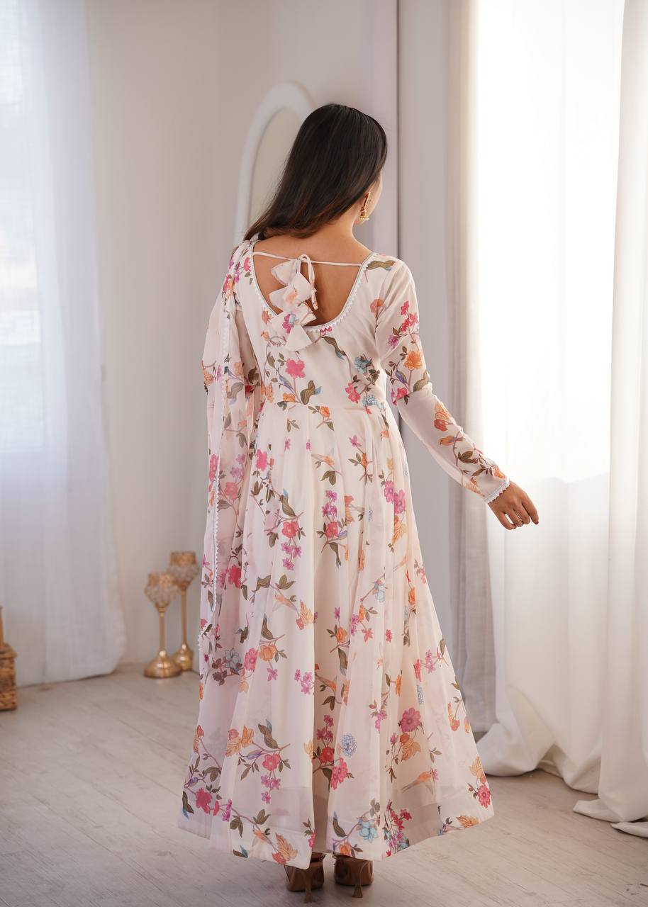 Floral Printed Georgette Gown with Dupatta and Pant