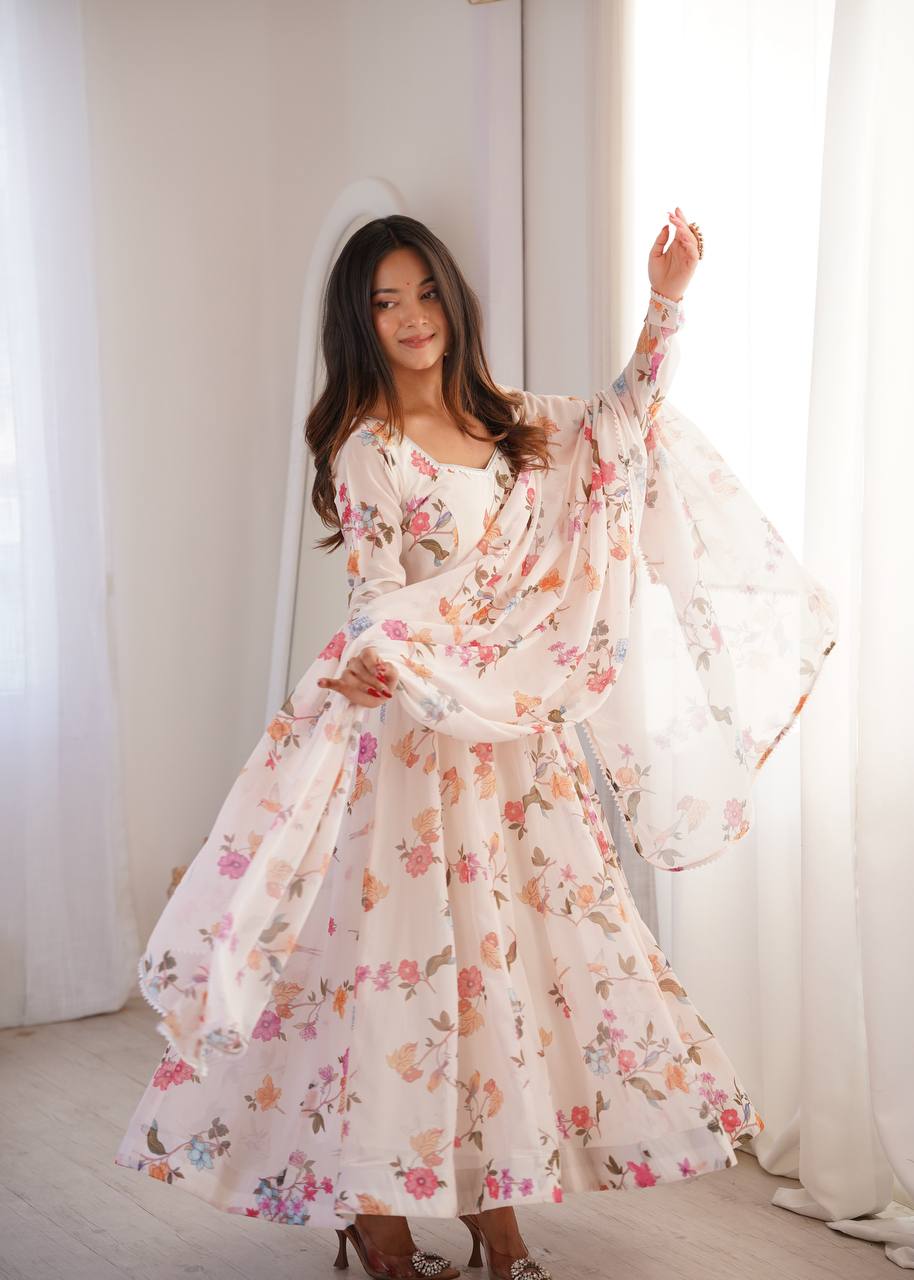 Floral Printed Georgette Gown with Dupatta and Pant