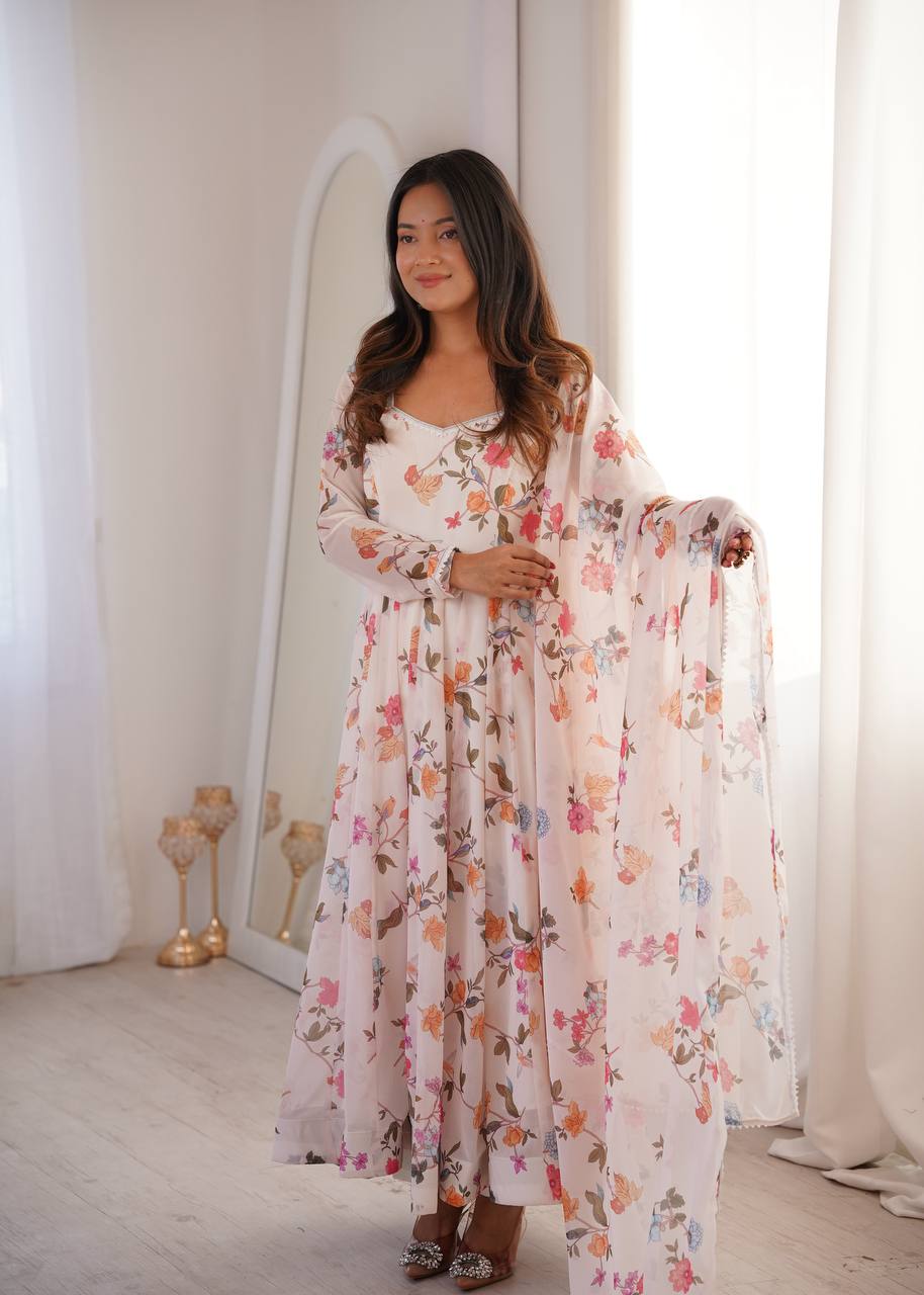 Floral Printed Georgette Gown with Dupatta and Pant