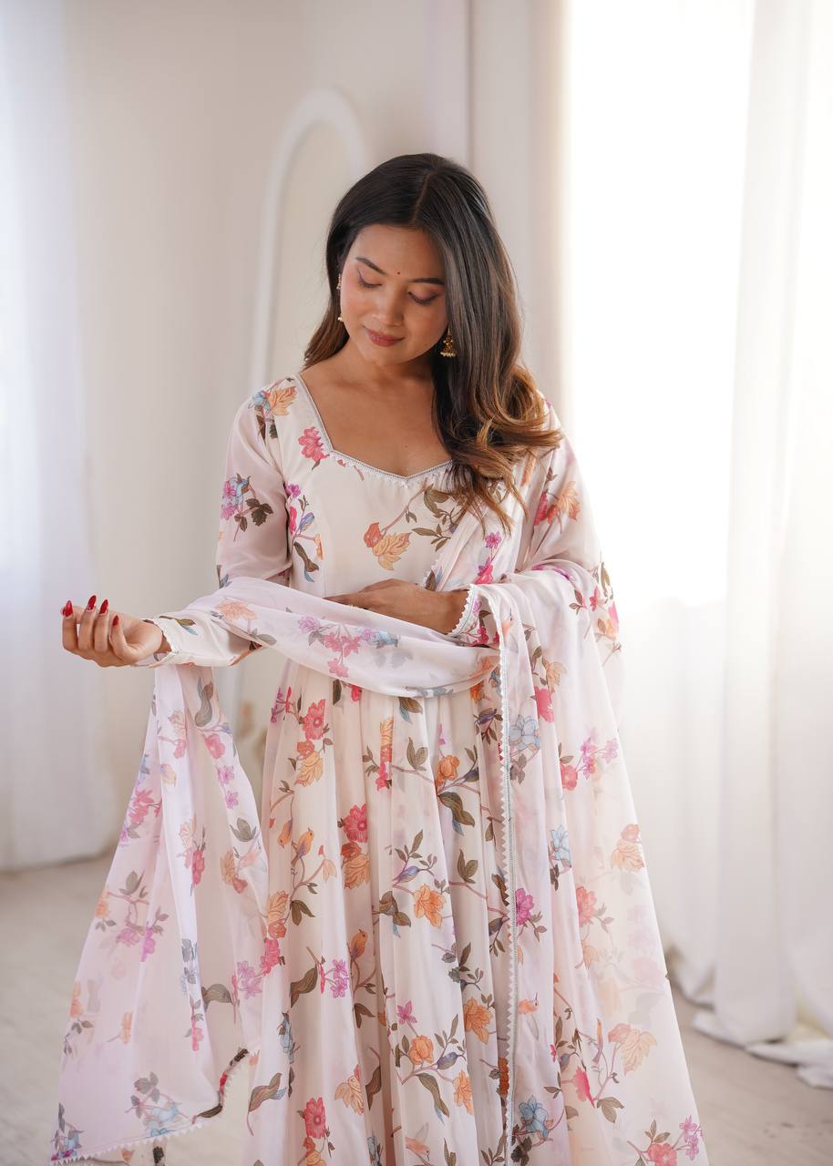 Floral Printed Georgette Gown with Dupatta and Pant