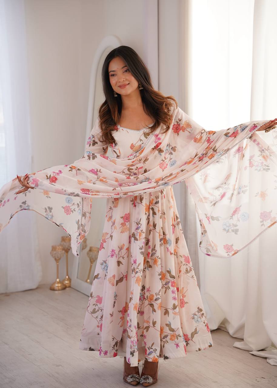 Floral Printed Georgette Gown with Dupatta and Pant