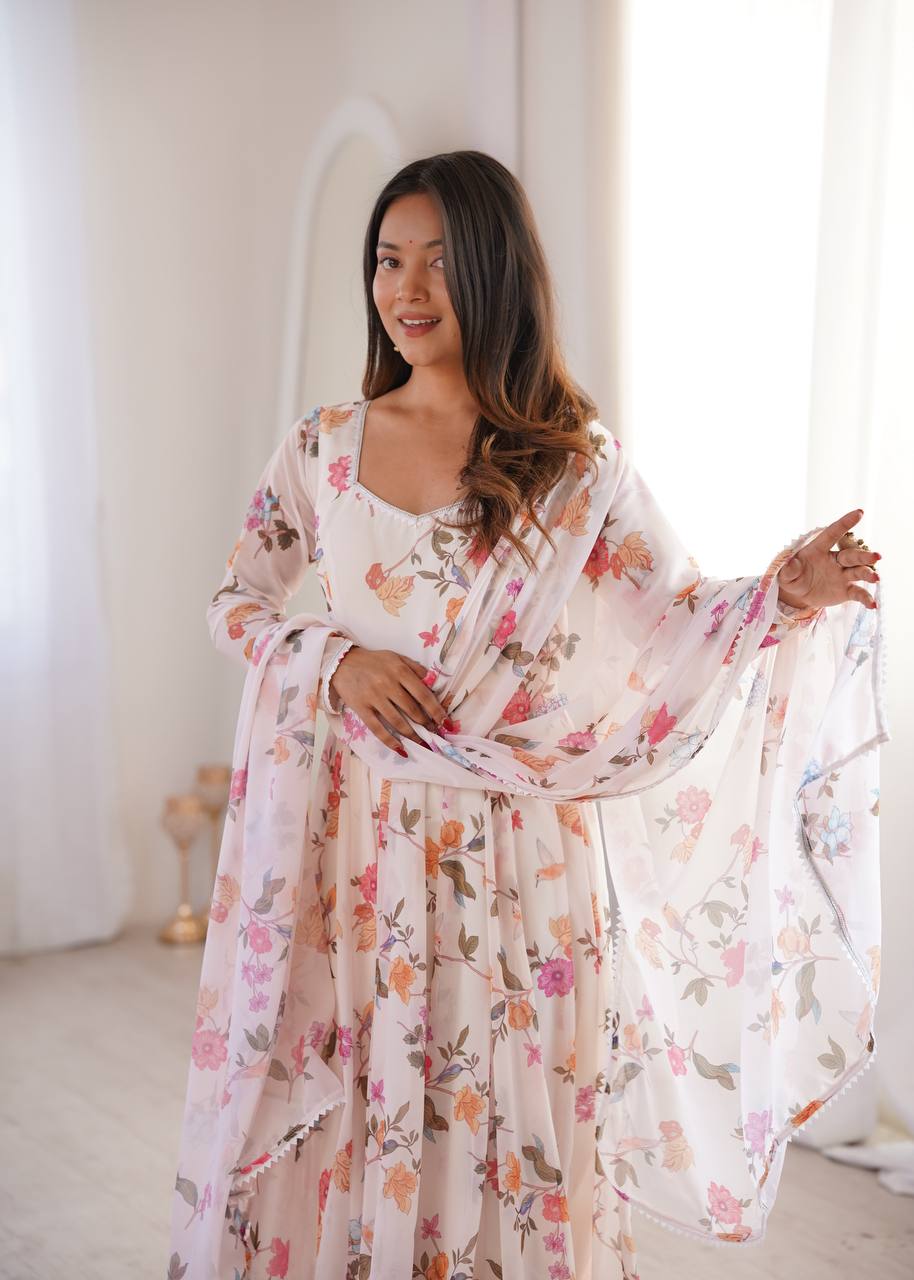 Floral Printed Georgette Gown with Dupatta and Pant