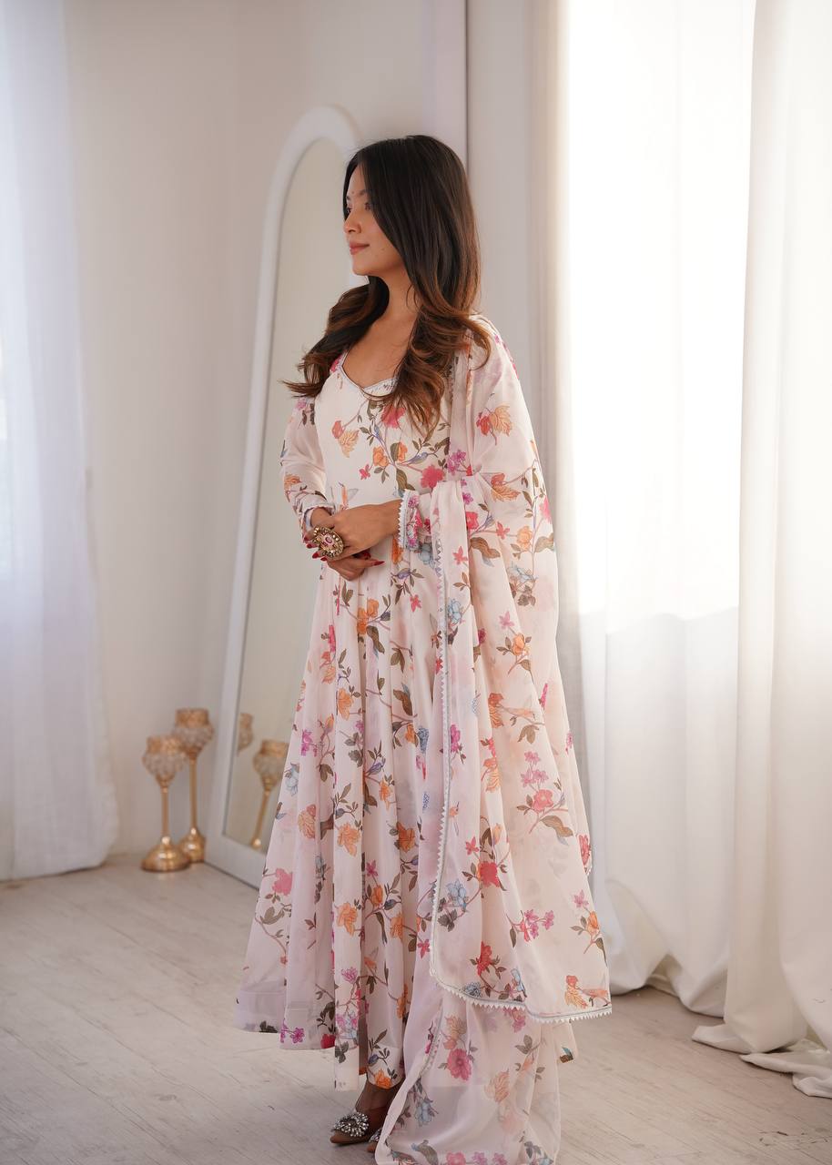 Floral Printed Georgette Gown with Dupatta and Pant