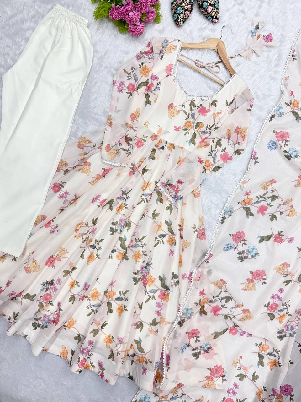 Floral Printed Georgette Gown with Dupatta and Pant