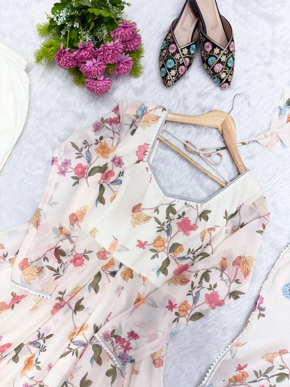 Floral Printed Georgette Gown with Dupatta and Pant