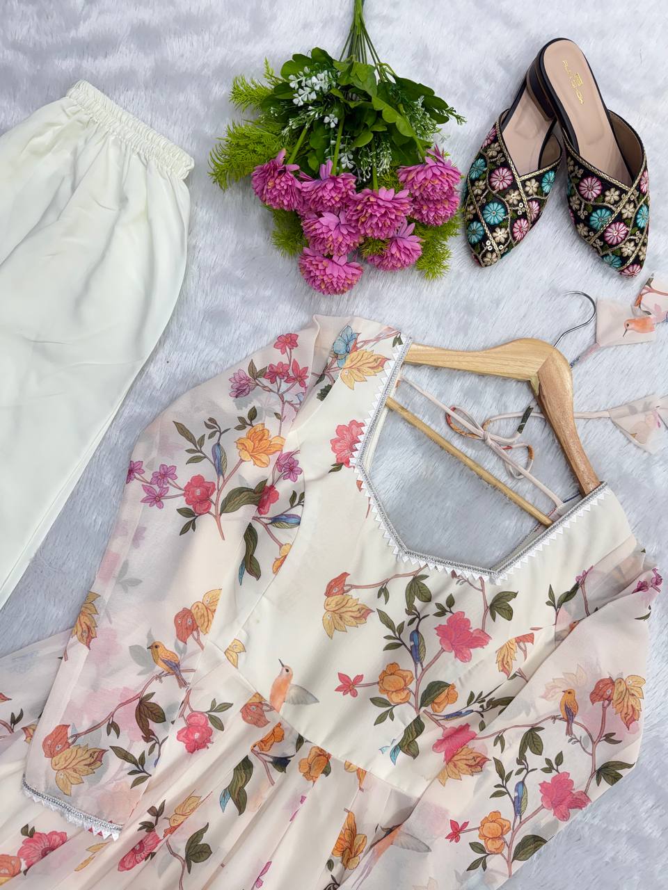 Floral Printed Georgette Gown with Dupatta and Pant