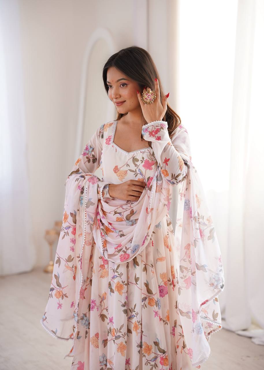 Floral Printed Georgette Gown with Dupatta and Pant