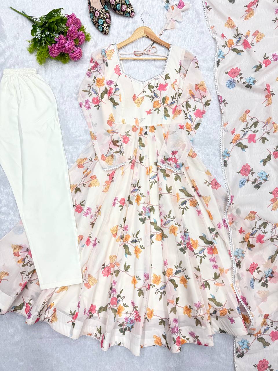Floral Printed Georgette Gown with Dupatta and Pant