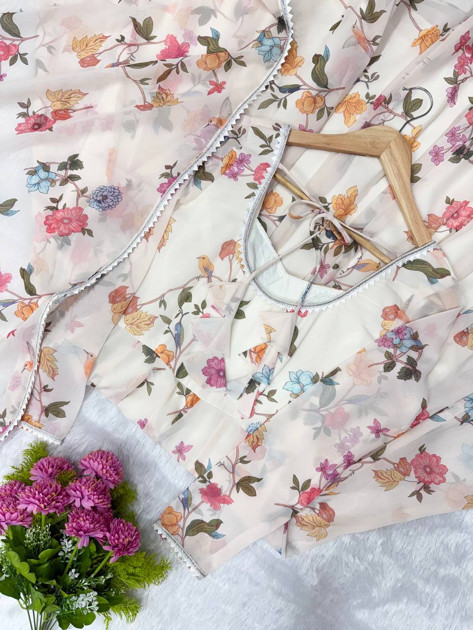 Floral Printed Georgette Gown with Dupatta and Pant