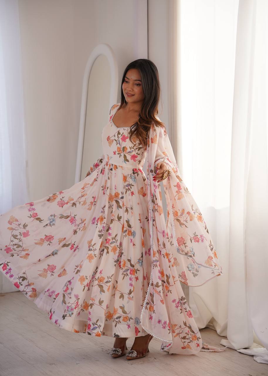 Floral Printed Georgette Gown with Dupatta and Pant