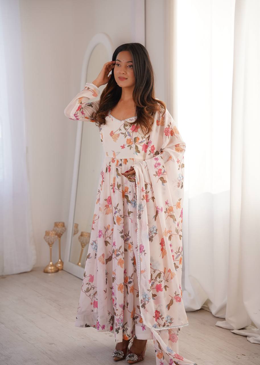 Floral Printed Georgette Gown with Dupatta and Pant