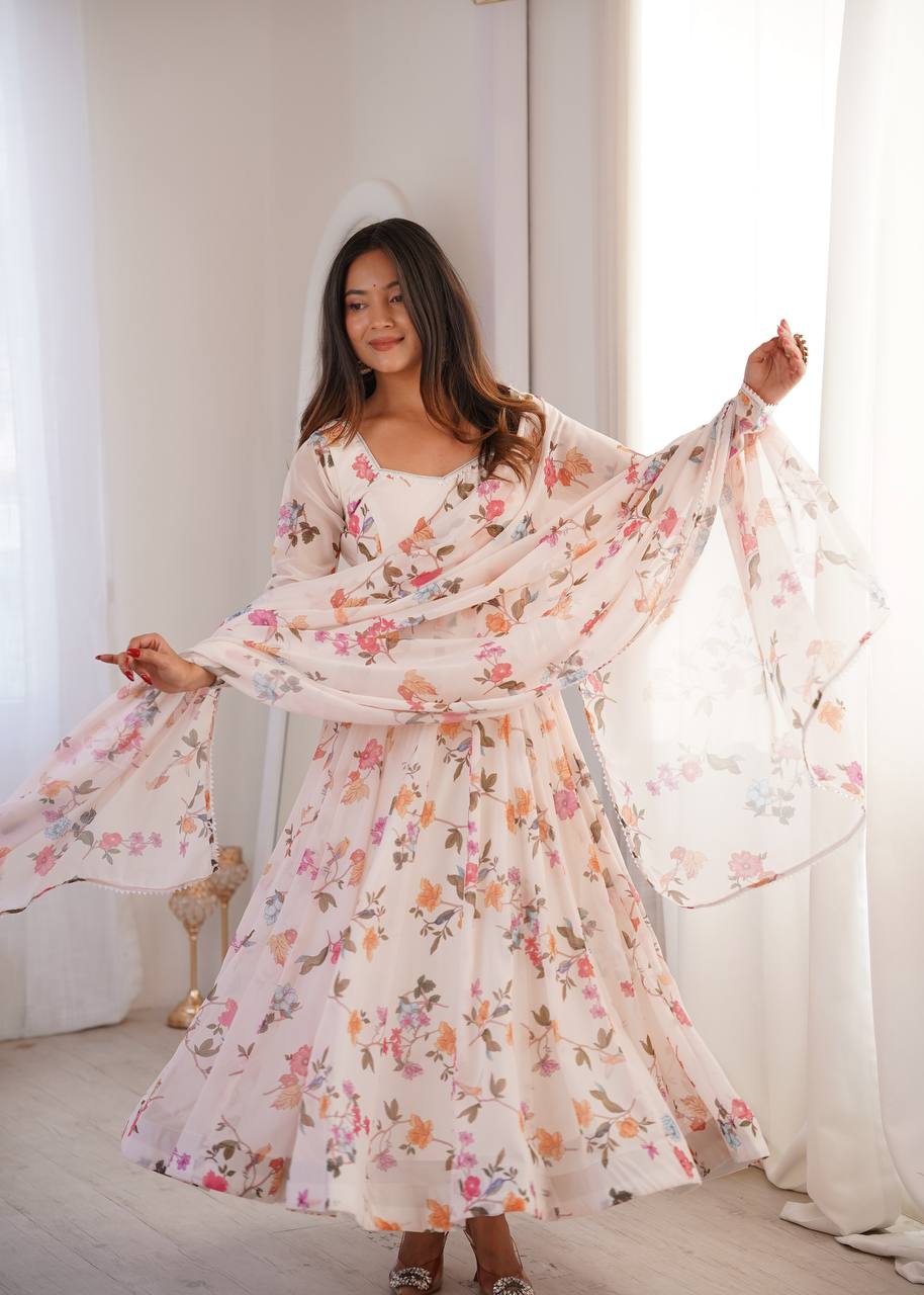 Floral Printed Georgette Gown with Dupatta and Pant