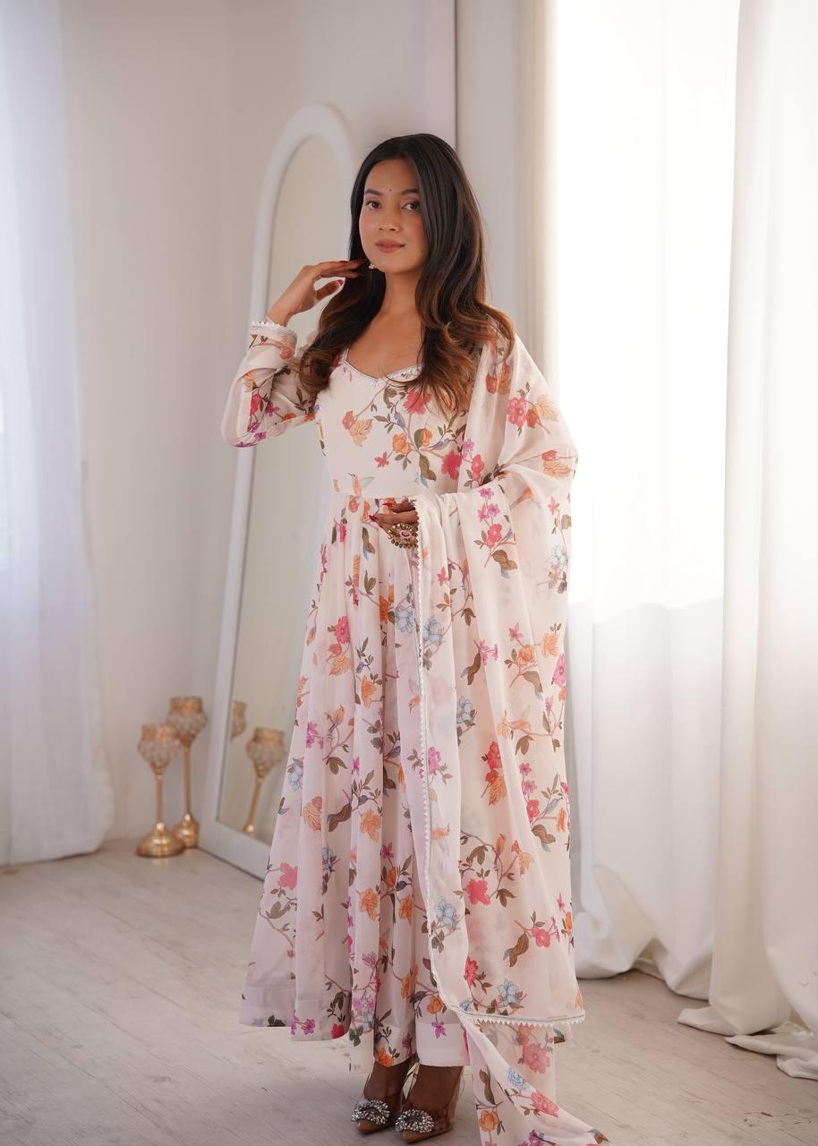 Floral Printed Georgette Gown with Dupatta and Pant
