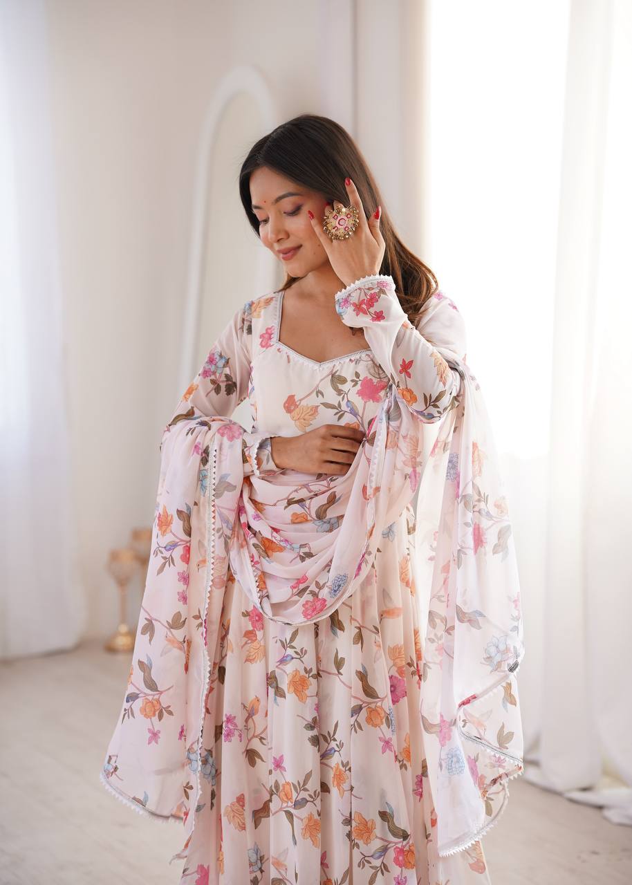 Floral Printed Georgette Gown with Dupatta and Pant