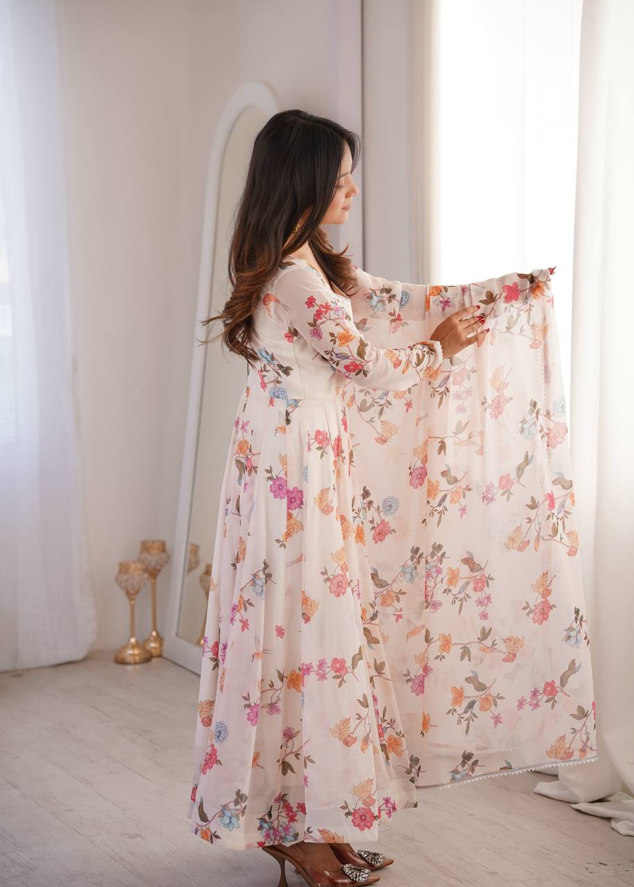 Floral Printed Georgette Gown with Dupatta and Pant