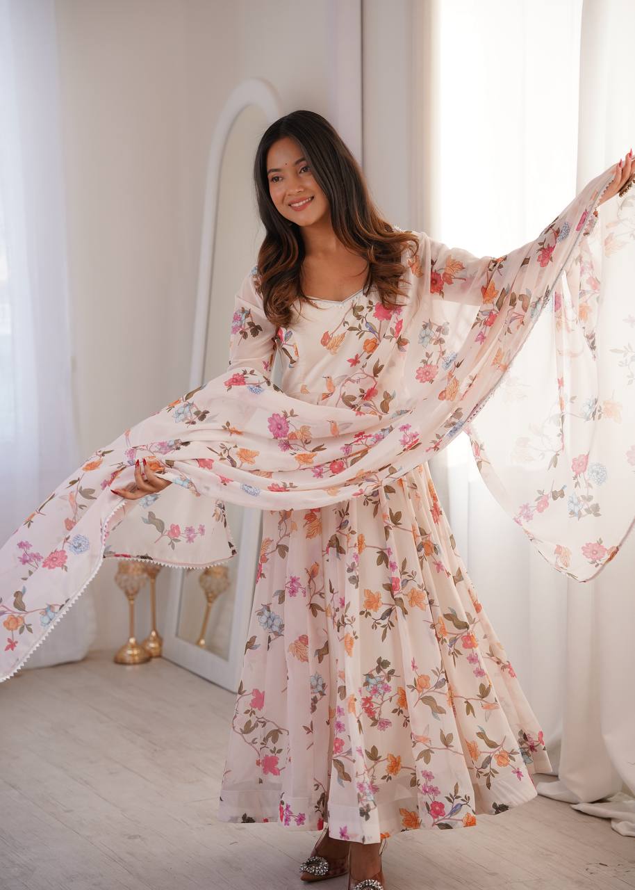 Floral Printed Georgette Gown with Dupatta and Pant