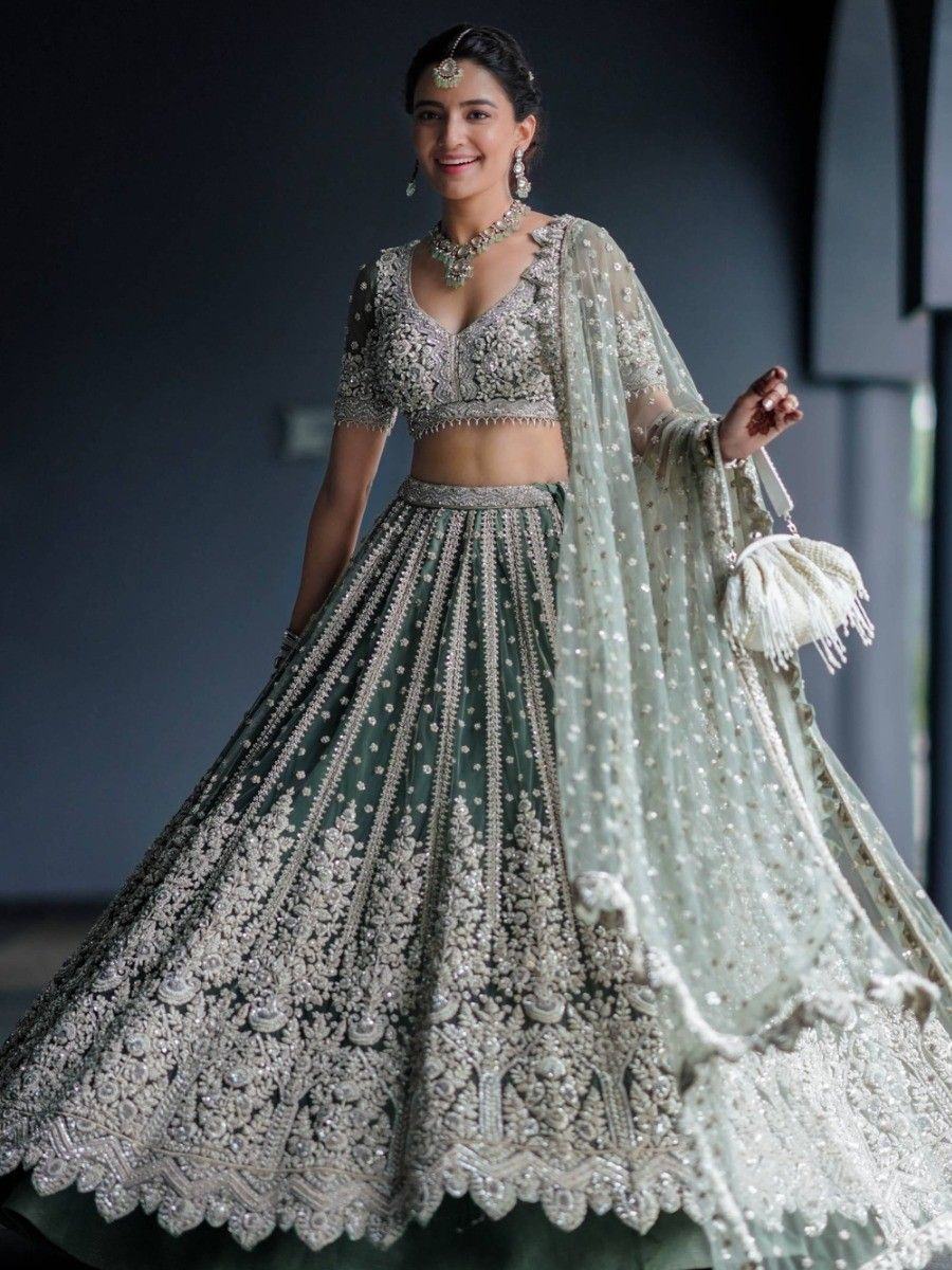 Green Alluring Sequins Net Engagement Wear Lehenga Choli With Dupatta