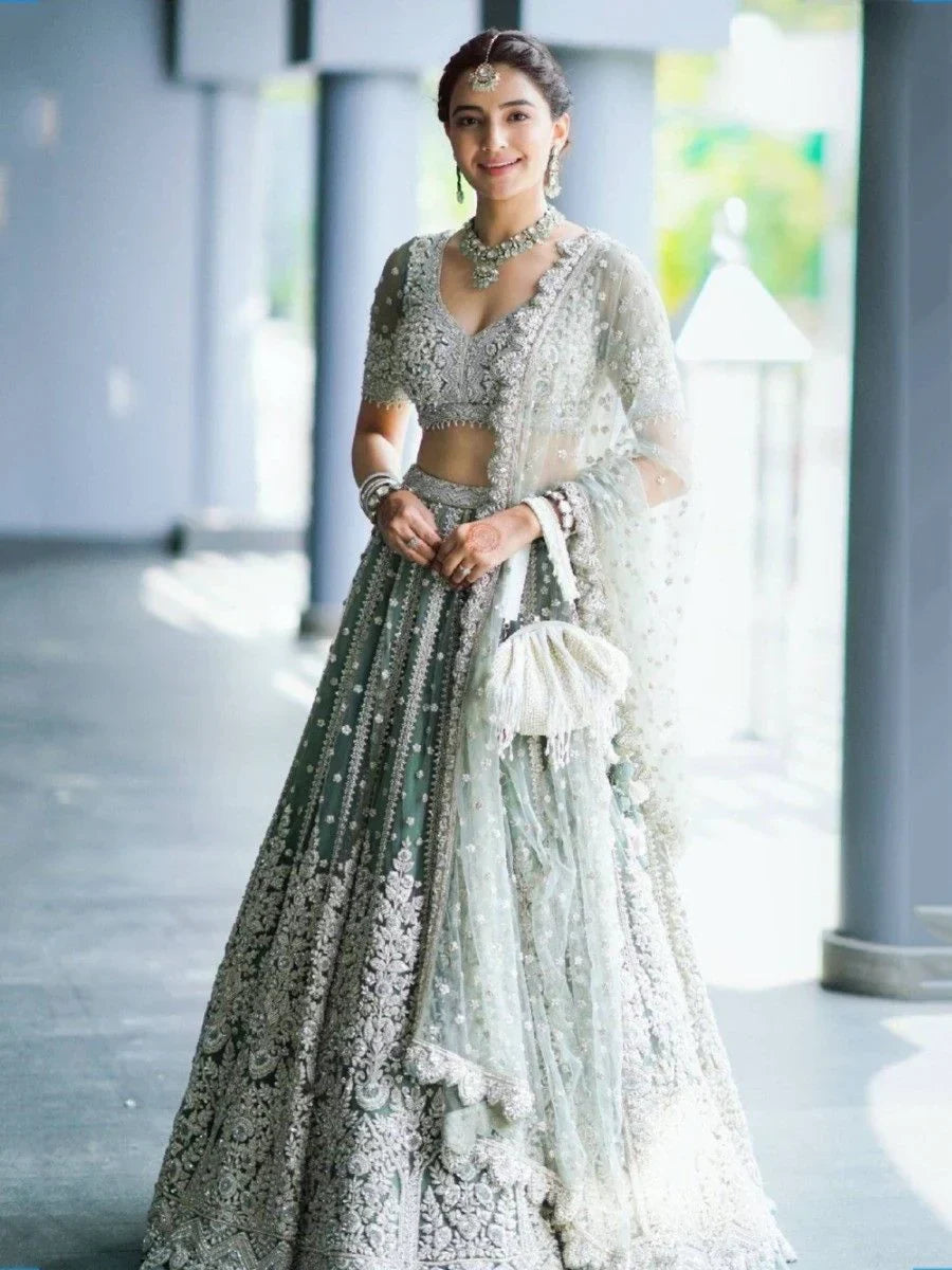 Green Alluring Sequins Net Engagement Wear Lehenga Choli With Dupatta