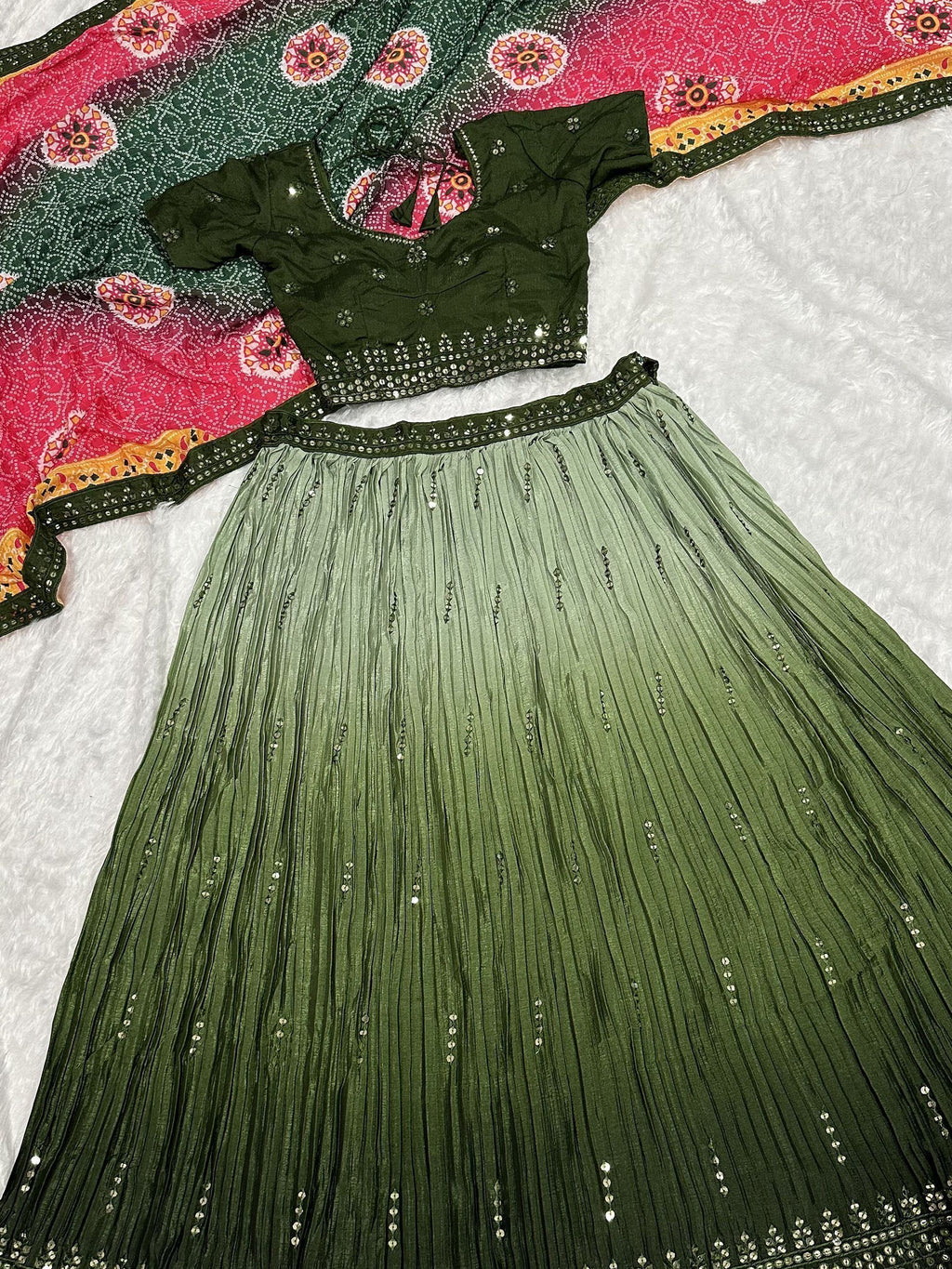 Charming Green Sequins Chinon Mehendi Wear Lehenga Choli With Dupatta