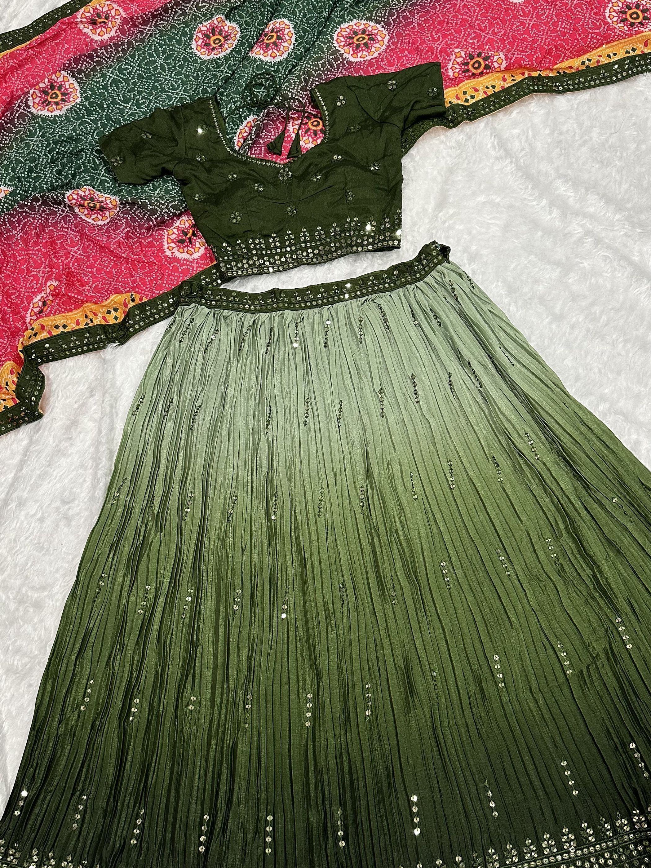 Charming Green Sequins Chinon Mehendi Wear Lehenga Choli With Dupatta