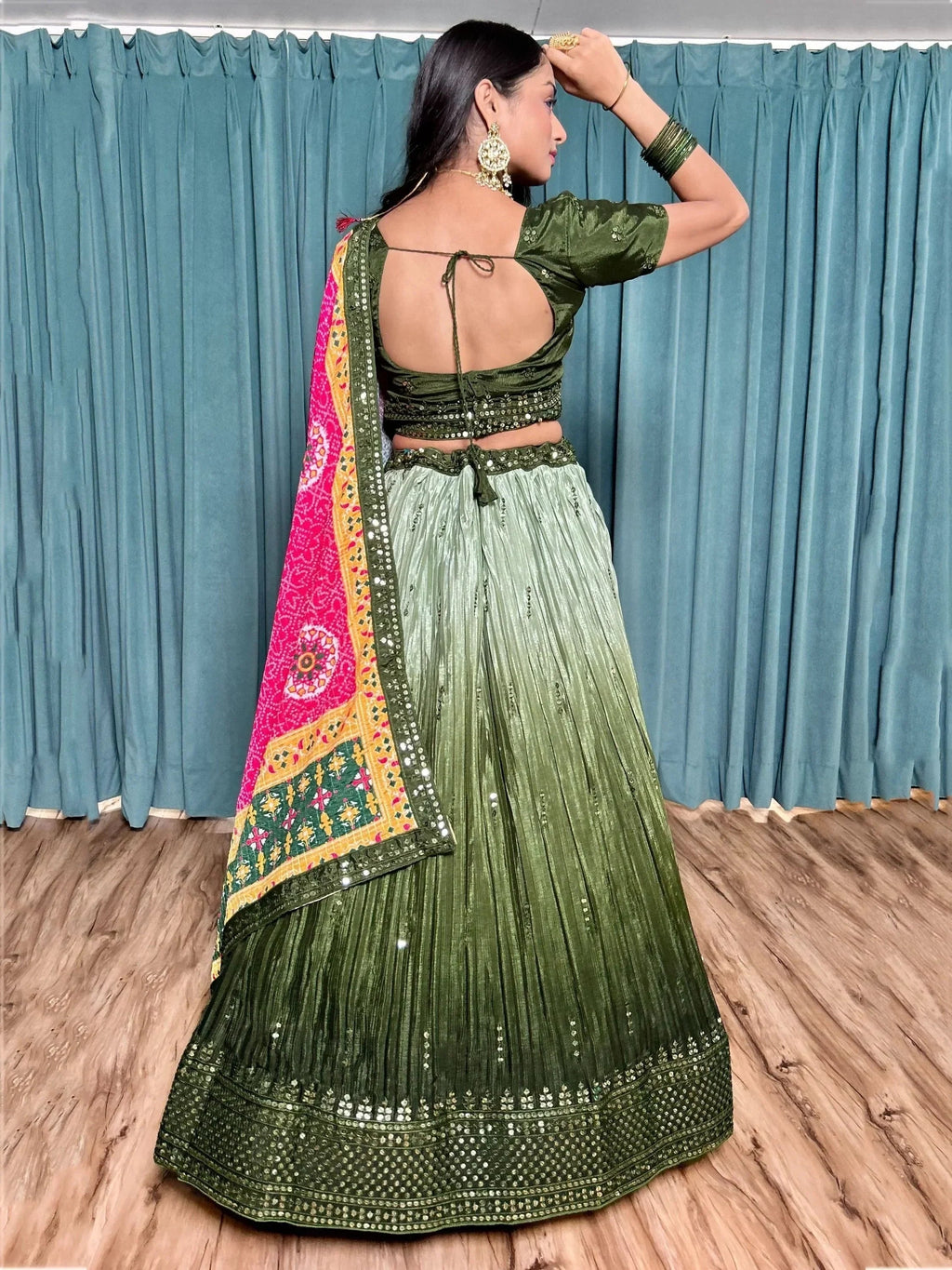 Charming Green Sequins Chinon Mehendi Wear Lehenga Choli With Dupatta