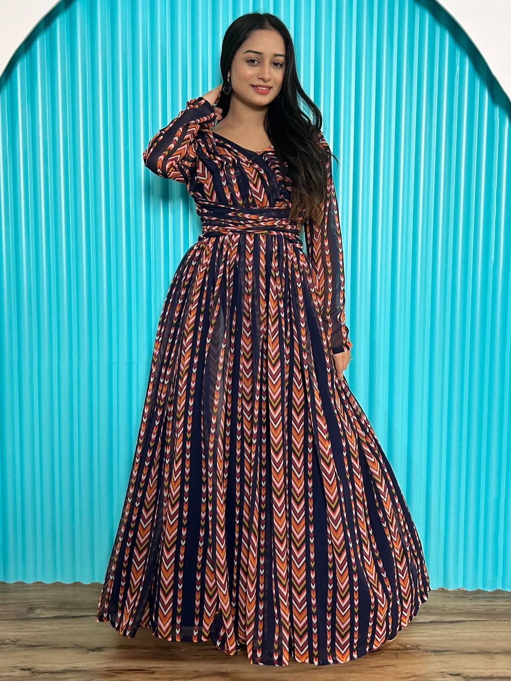 Alluring Navy-Blue & Orange Digital Printed Georgette Party Wear Gown
