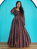 Alluring Navy-Blue & Orange Digital Printed Georgette Party Wear Gown
