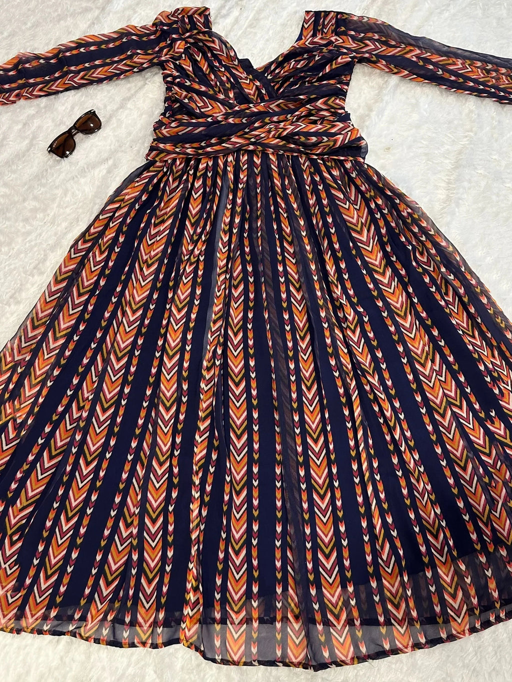 Alluring Navy-Blue & Orange Digital Printed Georgette Party Wear Gown