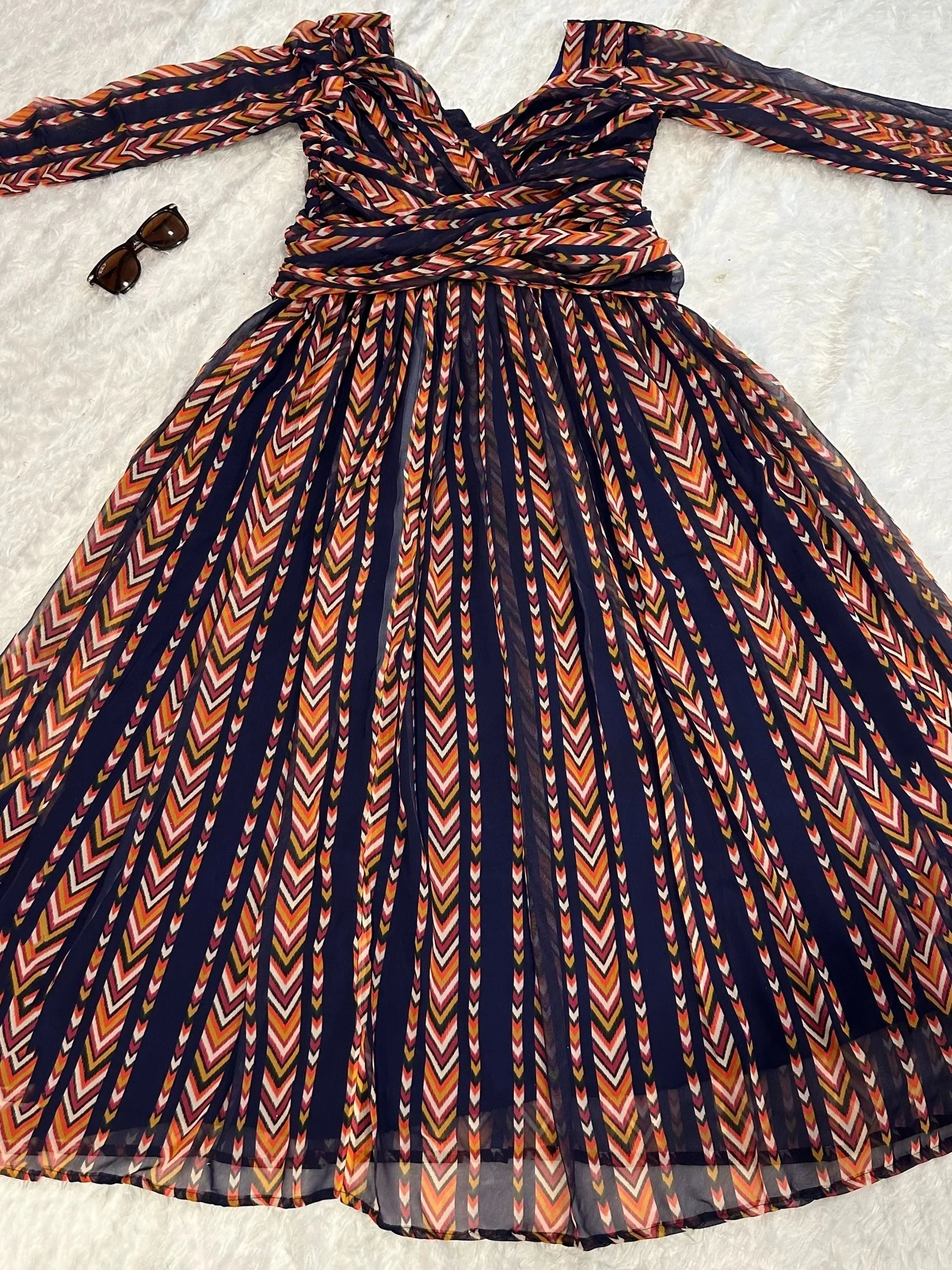 Alluring Navy-Blue & Orange Digital Printed Georgette Party Wear Gown
