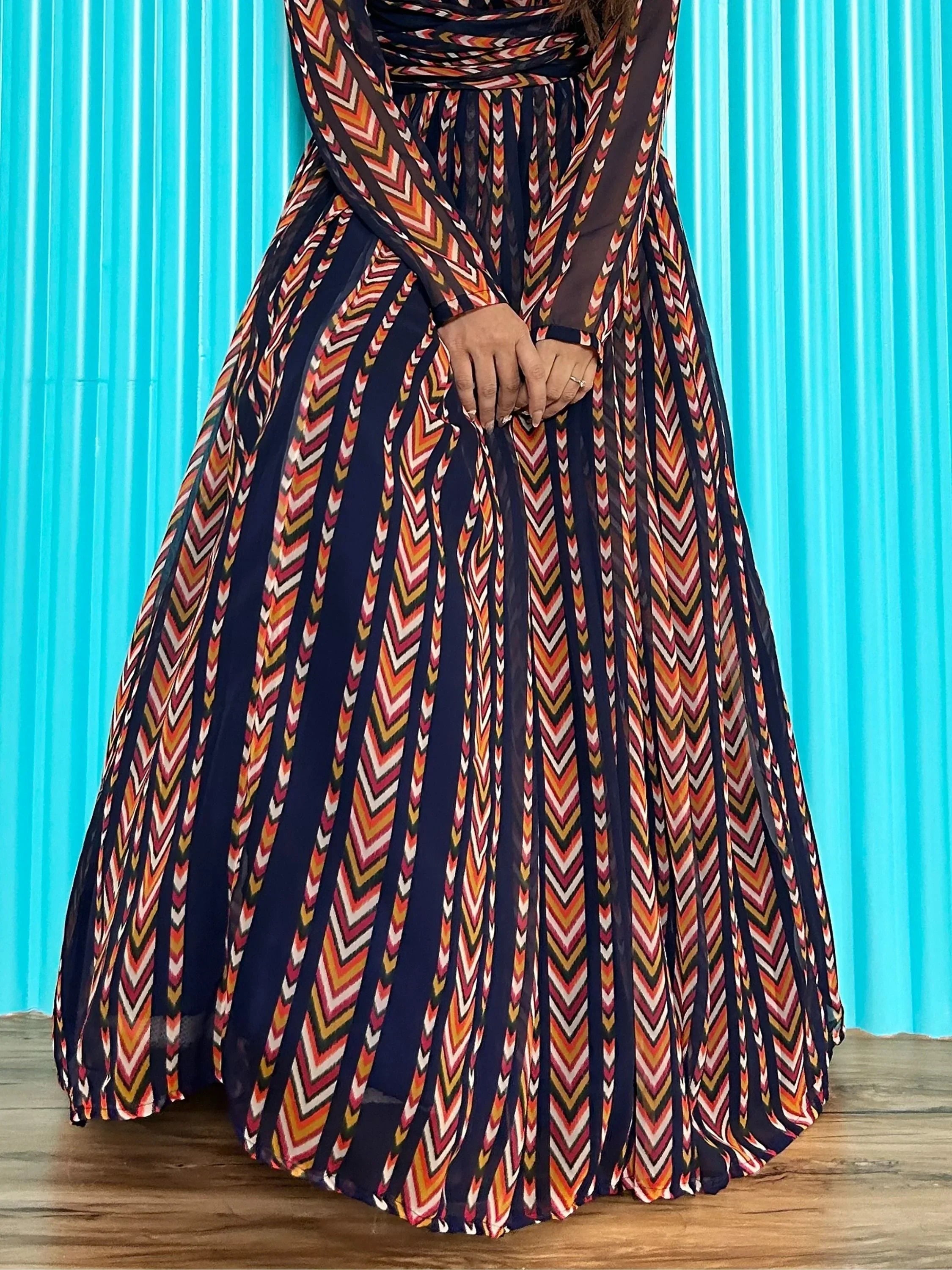 Alluring Navy-Blue & Orange Digital Printed Georgette Party Wear Gown
