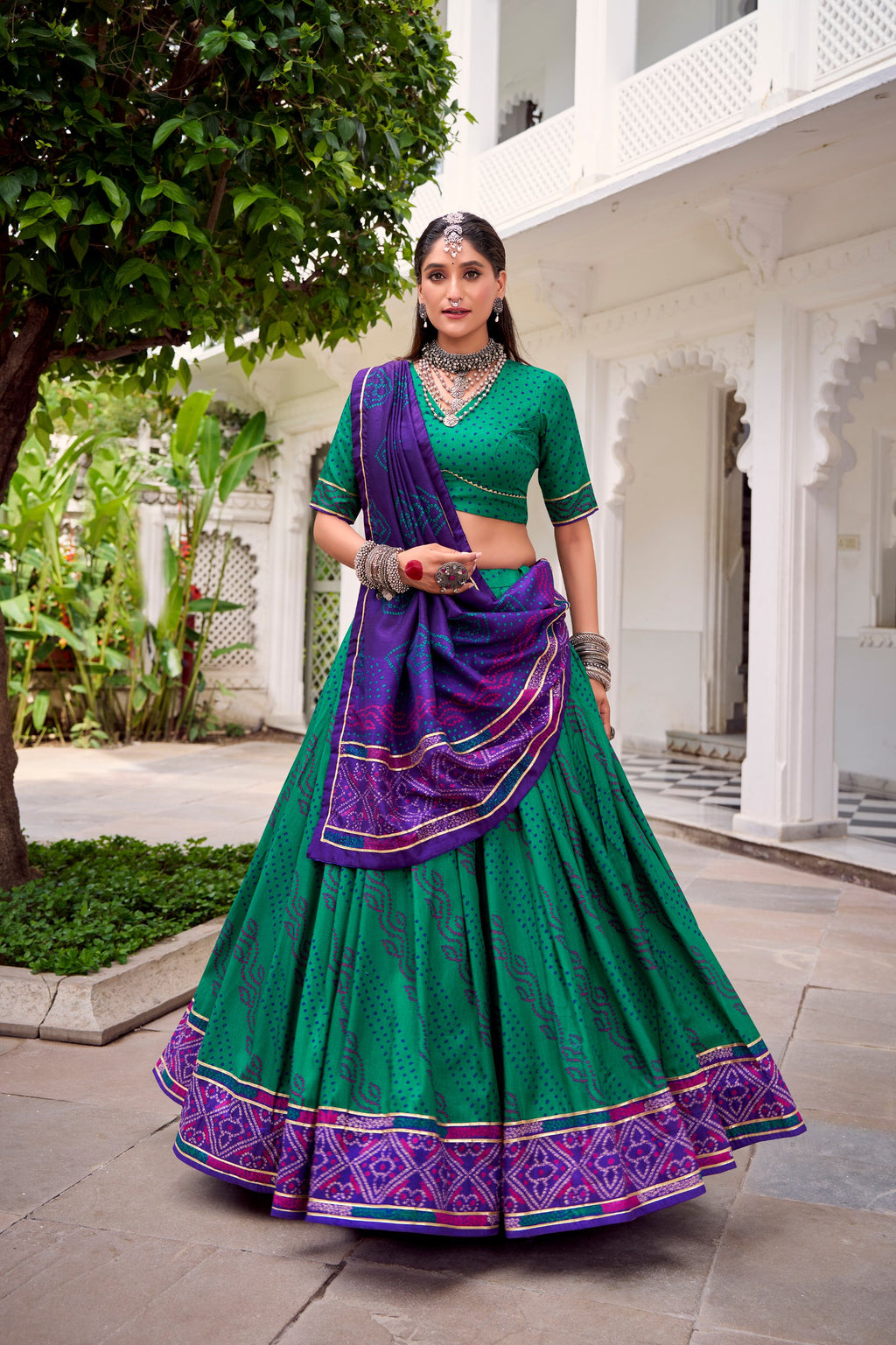Gauri Bandhej Print Tasar Silk Navratri Lehenga Choli
