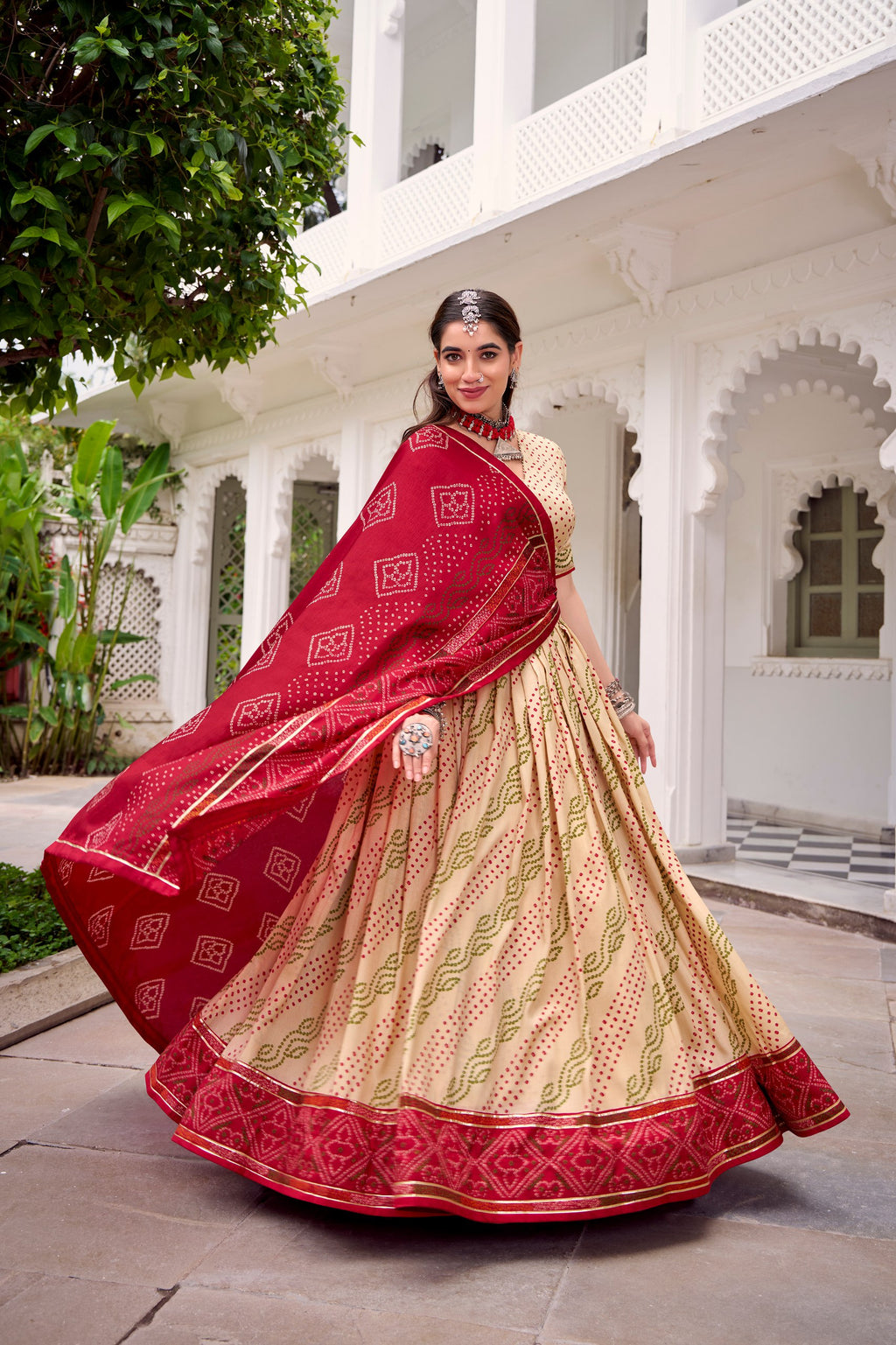 Gauri Bandhej Print Tasar Silk Navratri Lehenga Choli