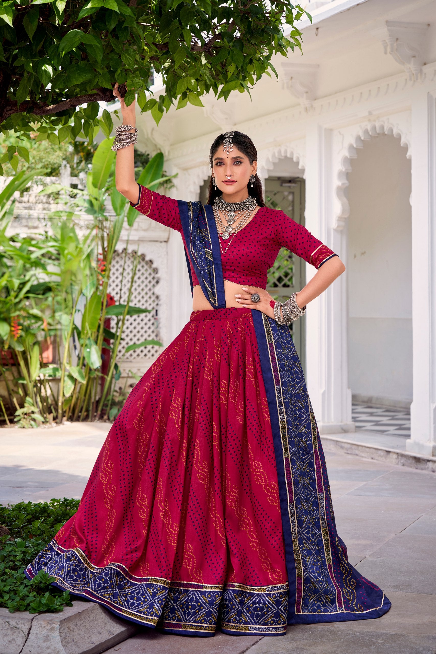 Gauri Bandhej Print Tasar Silk Navratri Lehenga Choli
