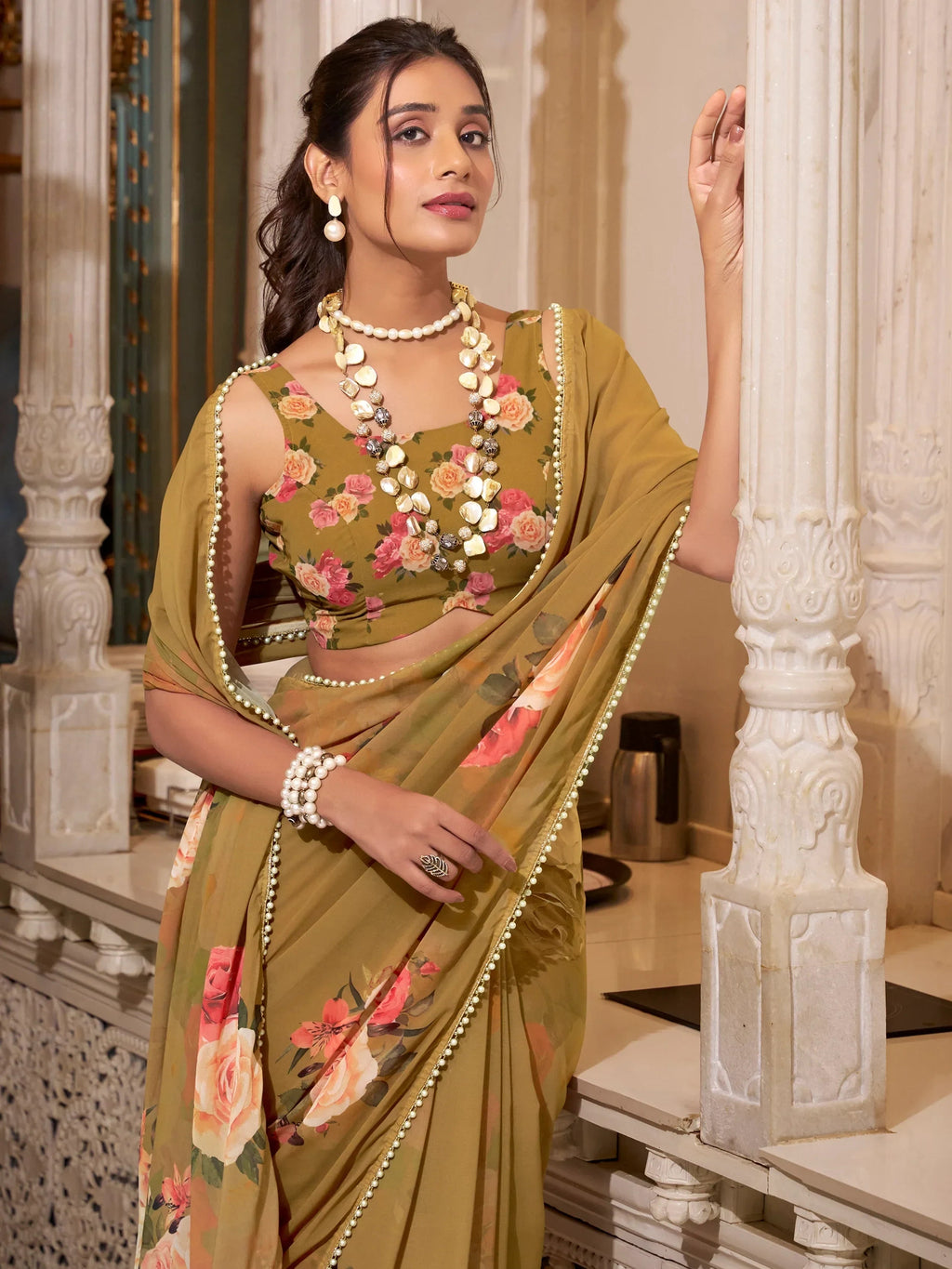 Brown Artistic Georgette Floral Printed Saree With Blouse