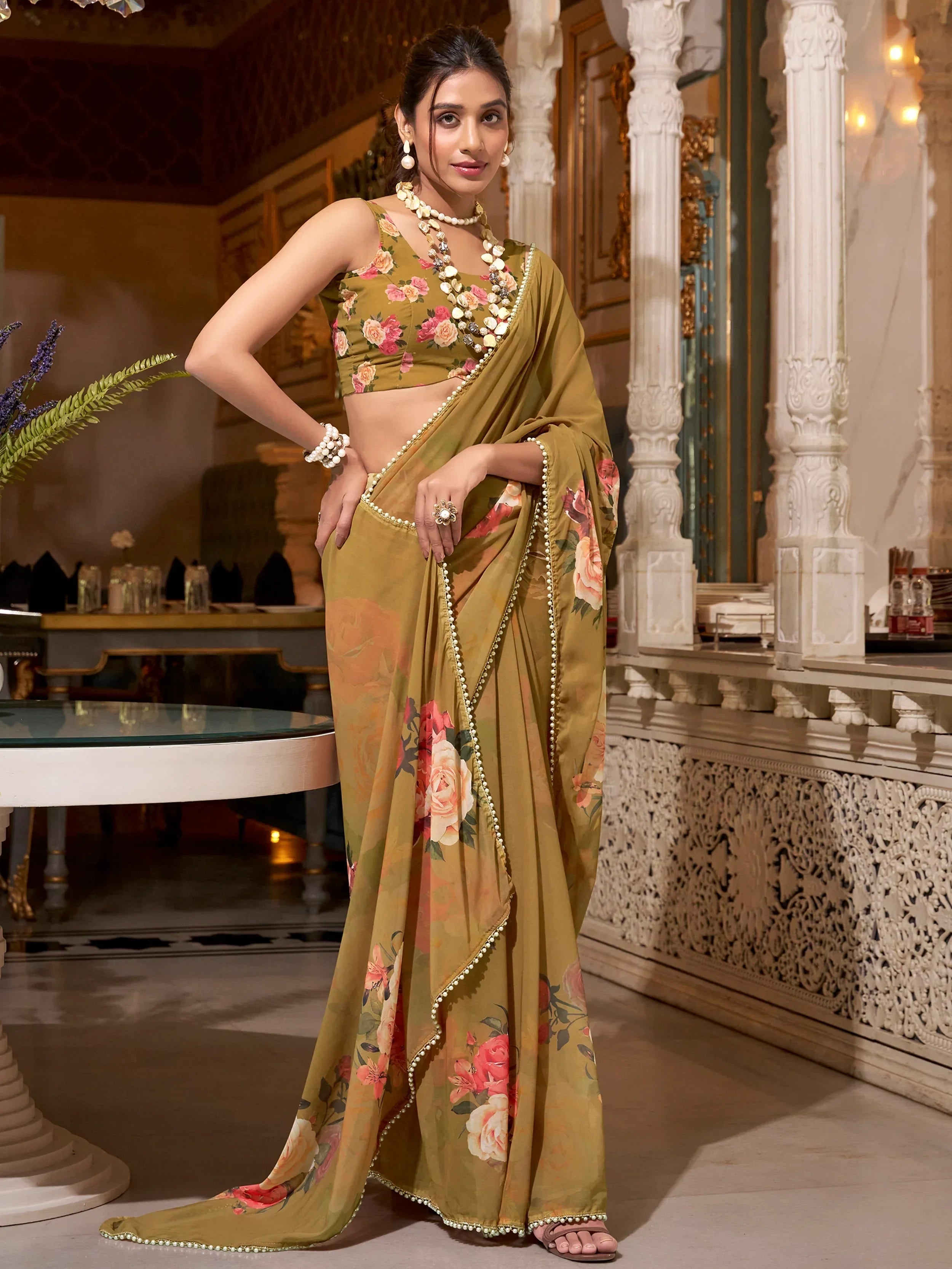Brown Artistic Georgette Floral Printed Saree With Blouse