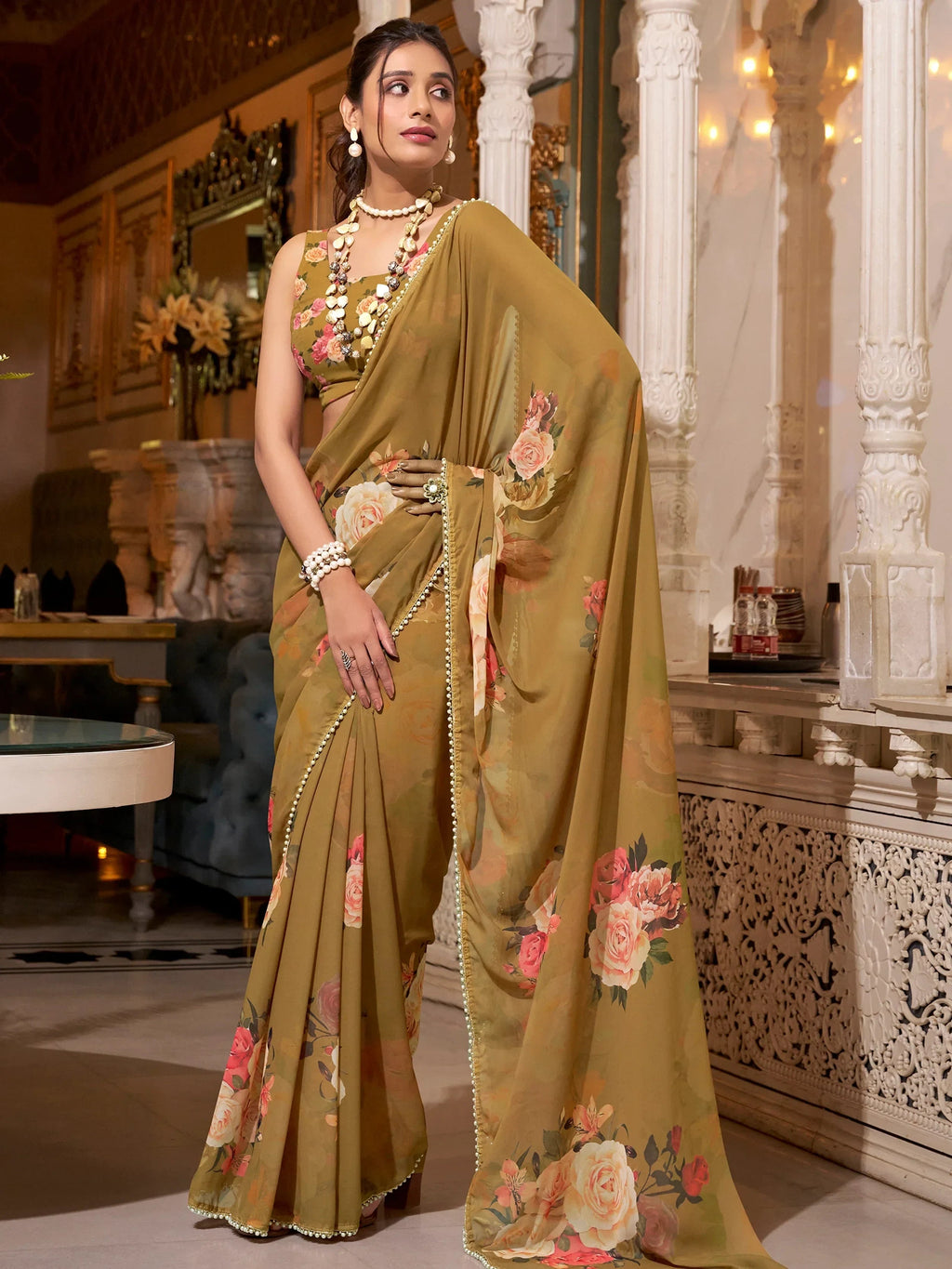 Brown Artistic Georgette Floral Printed Saree With Blouse
