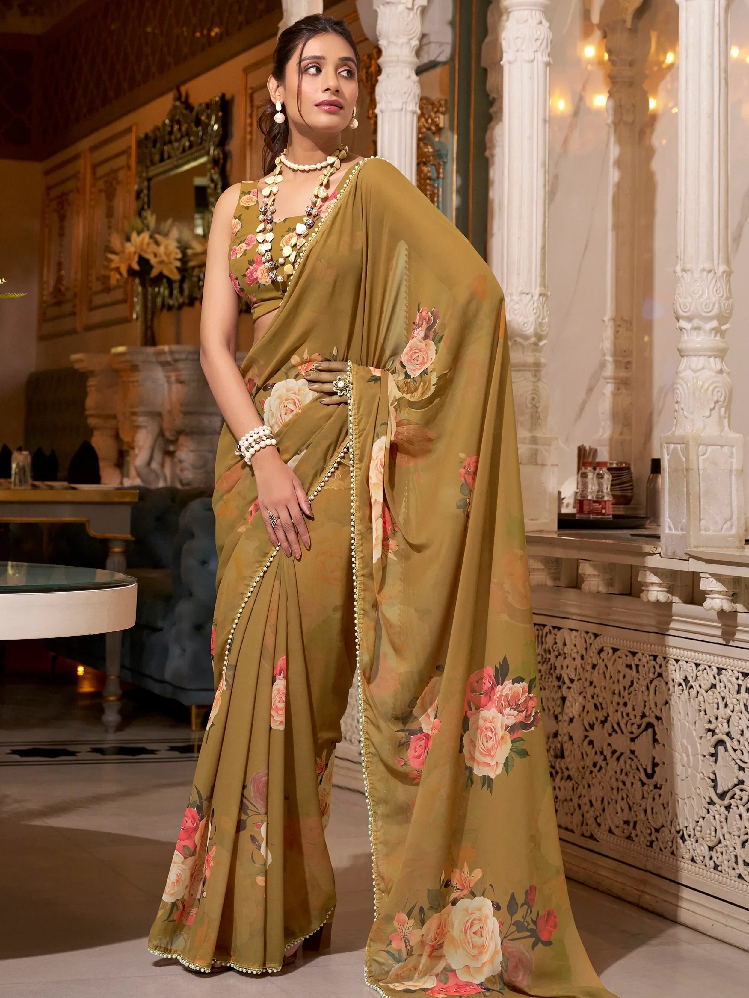 Brown Artistic Georgette Floral Printed Saree With Blouse