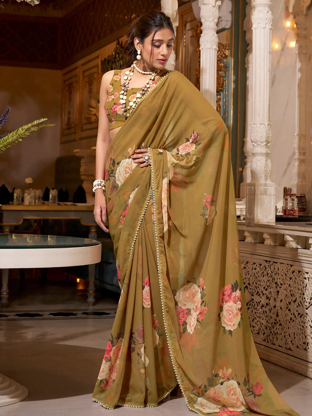 Brown Artistic Georgette Floral Printed Saree With Blouse