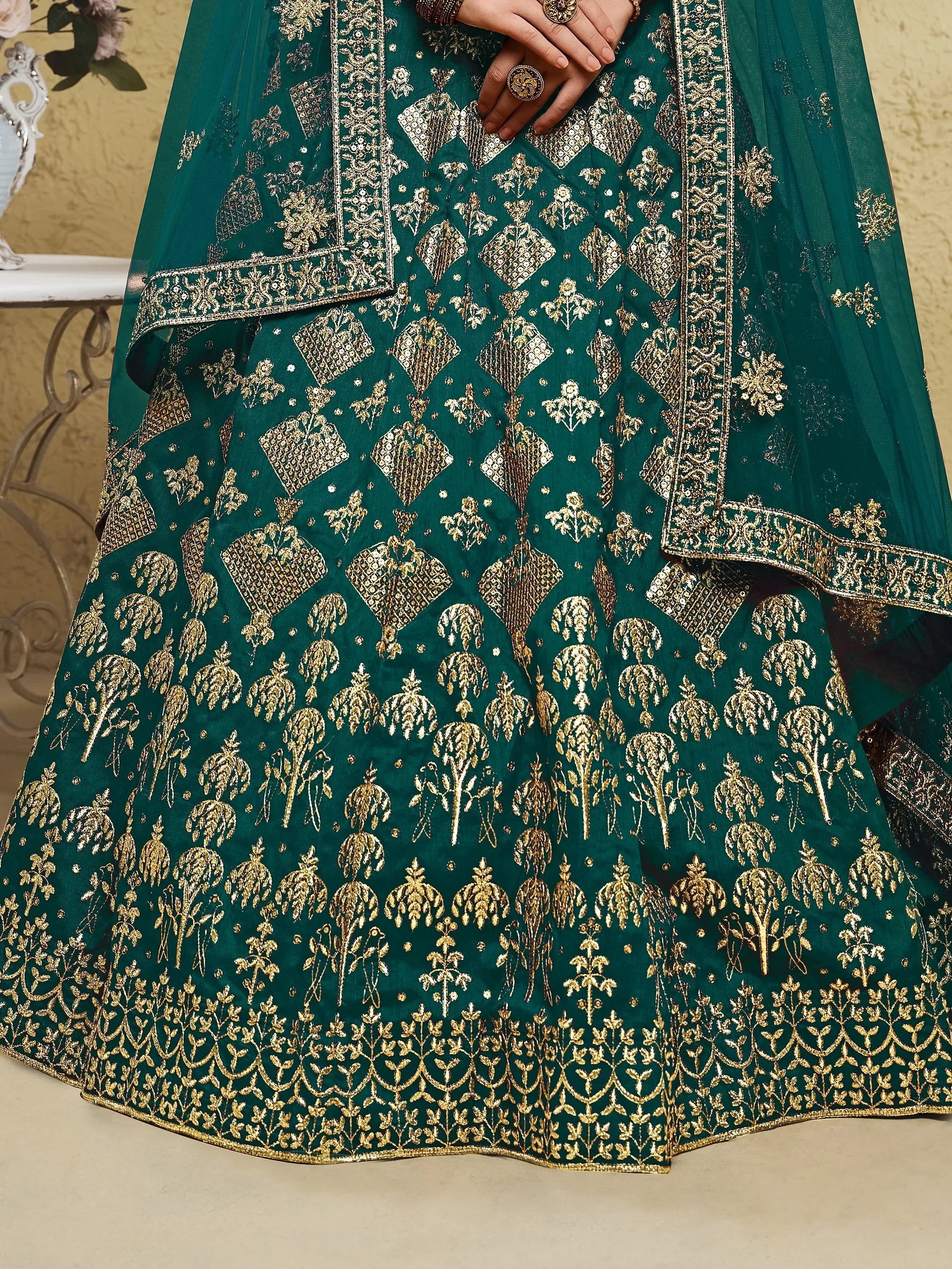 Green Fascinating Embroidered Silk Bridal Lehenga Choli With Dupatta