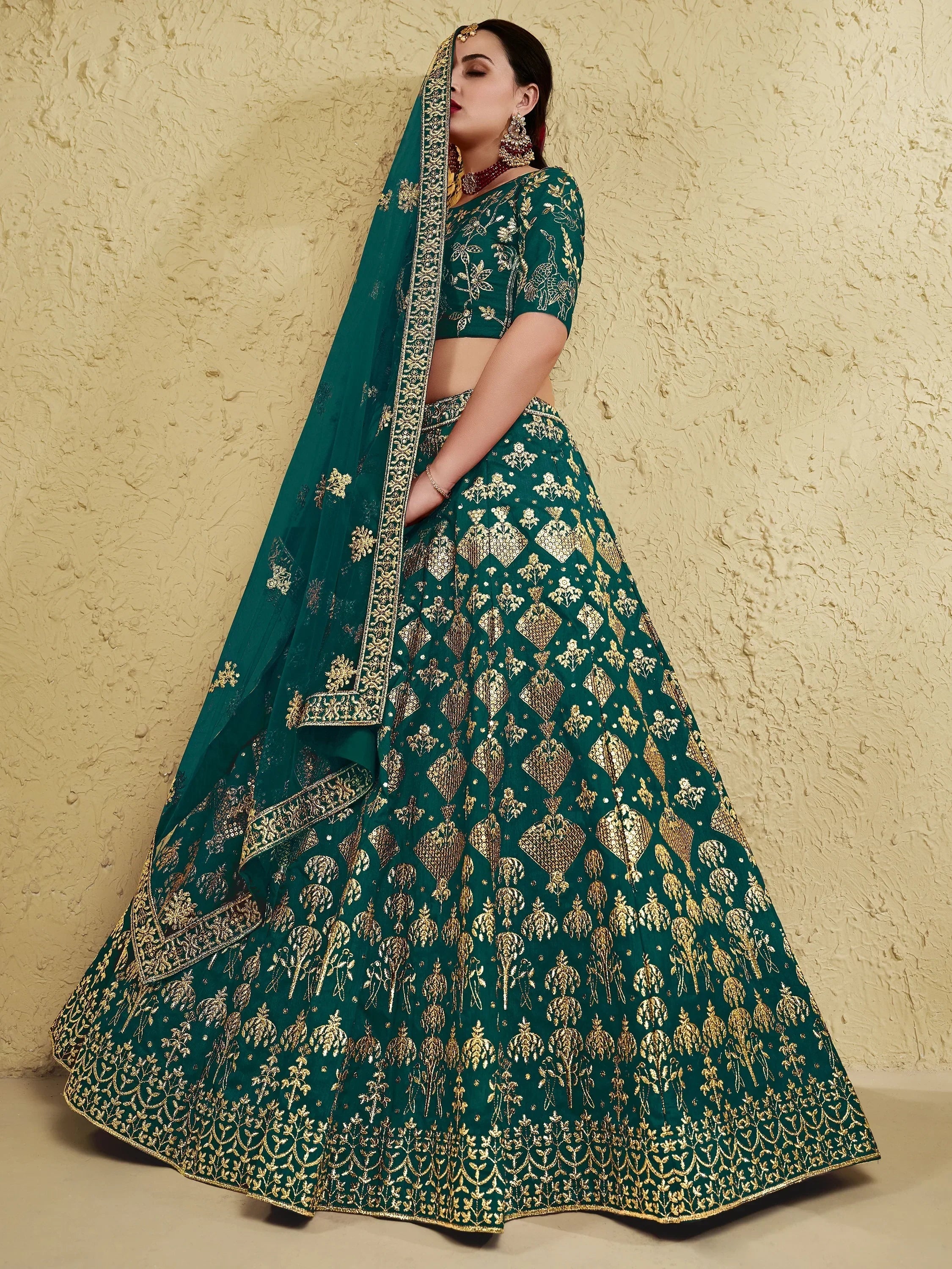 Green Fascinating Embroidered Silk Bridal Lehenga Choli With Dupatta