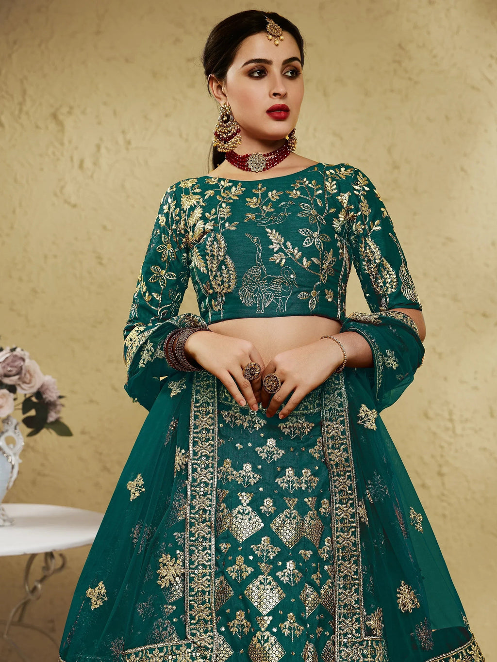 Green Fascinating Embroidered Silk Bridal Lehenga Choli With Dupatta