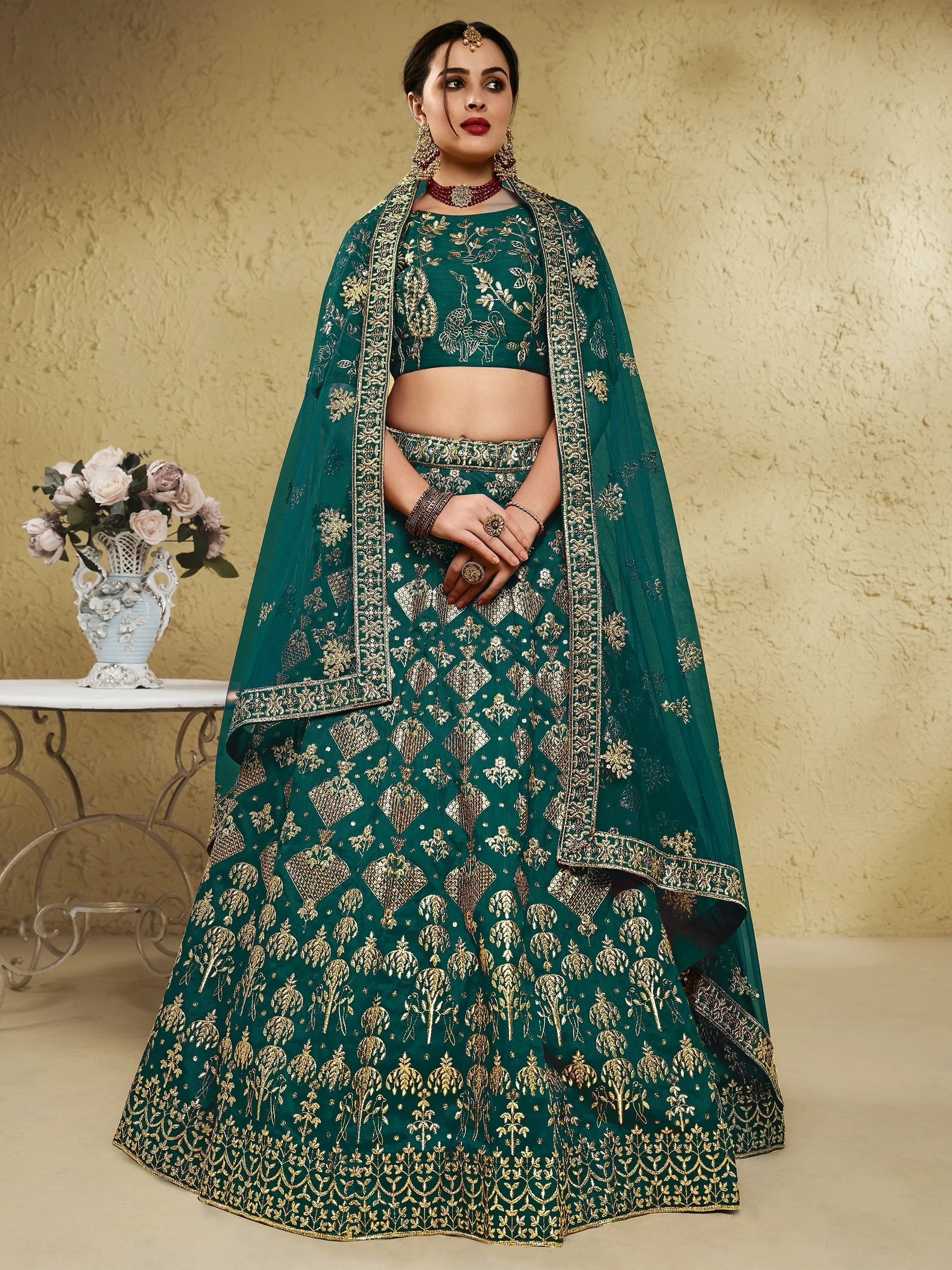 Green Fascinating Embroidered Silk Bridal Lehenga Choli With Dupatta