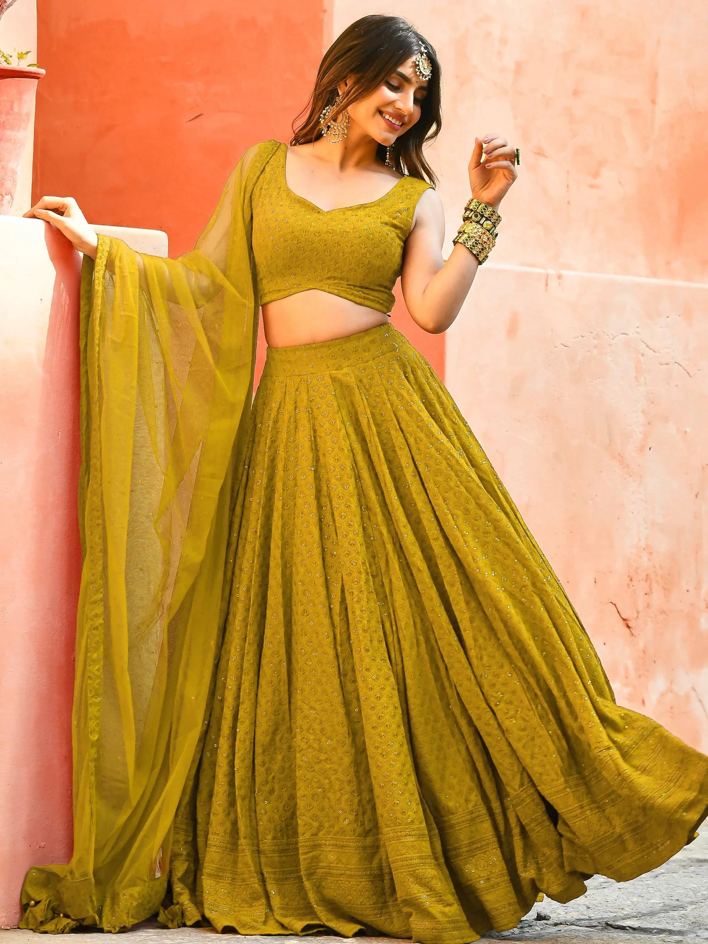 Mustard Sweet Sequins Georgette Reception Wear Lehenga Choli