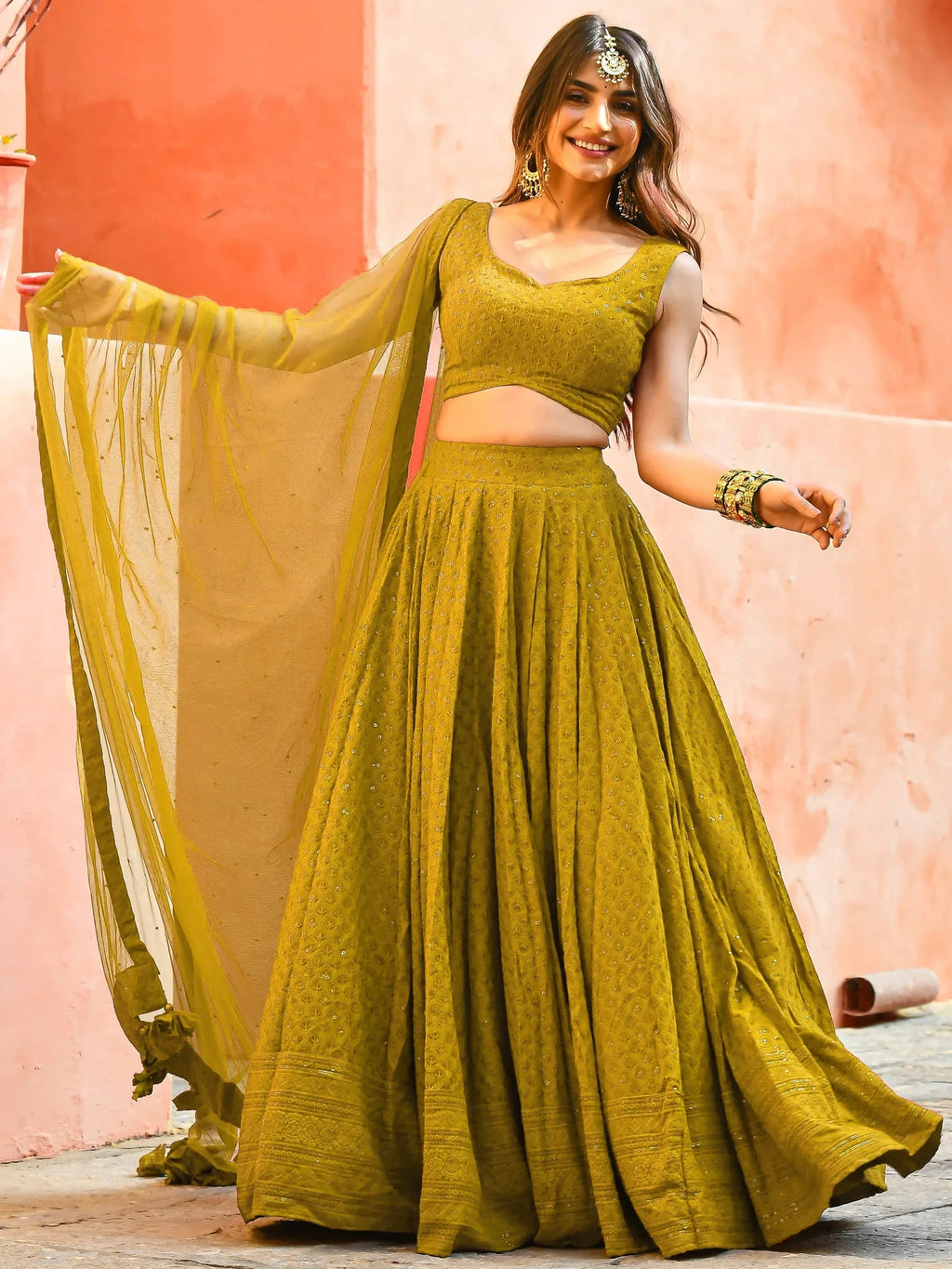 Mustard Sweet Sequins Georgette Reception Wear Lehenga Choli