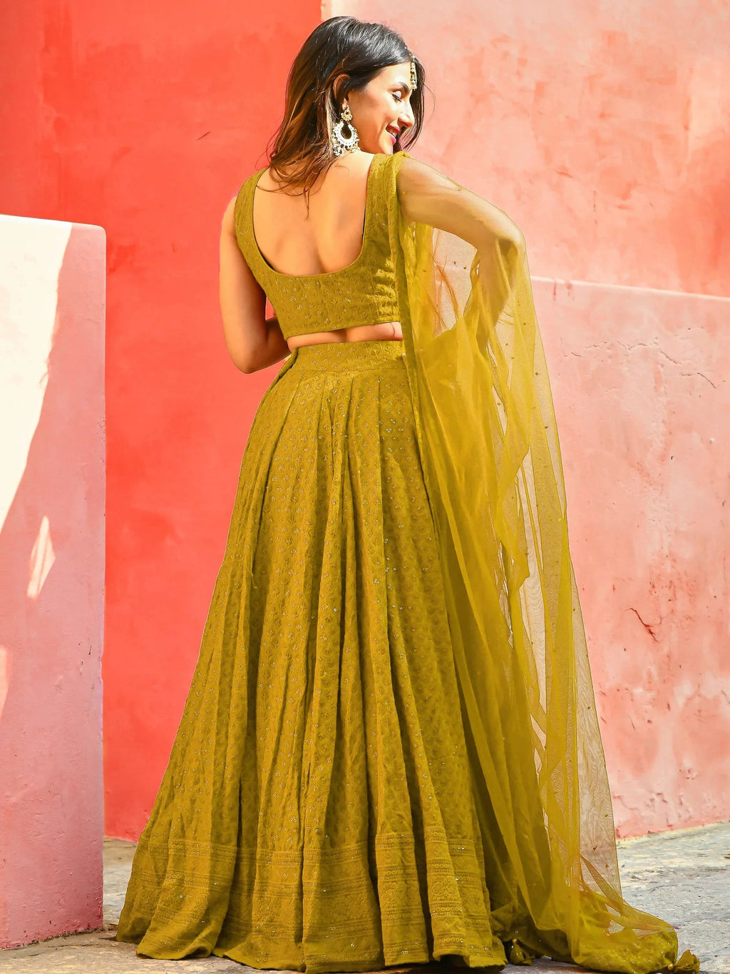 Mustard Sweet Sequins Georgette Reception Wear Lehenga Choli