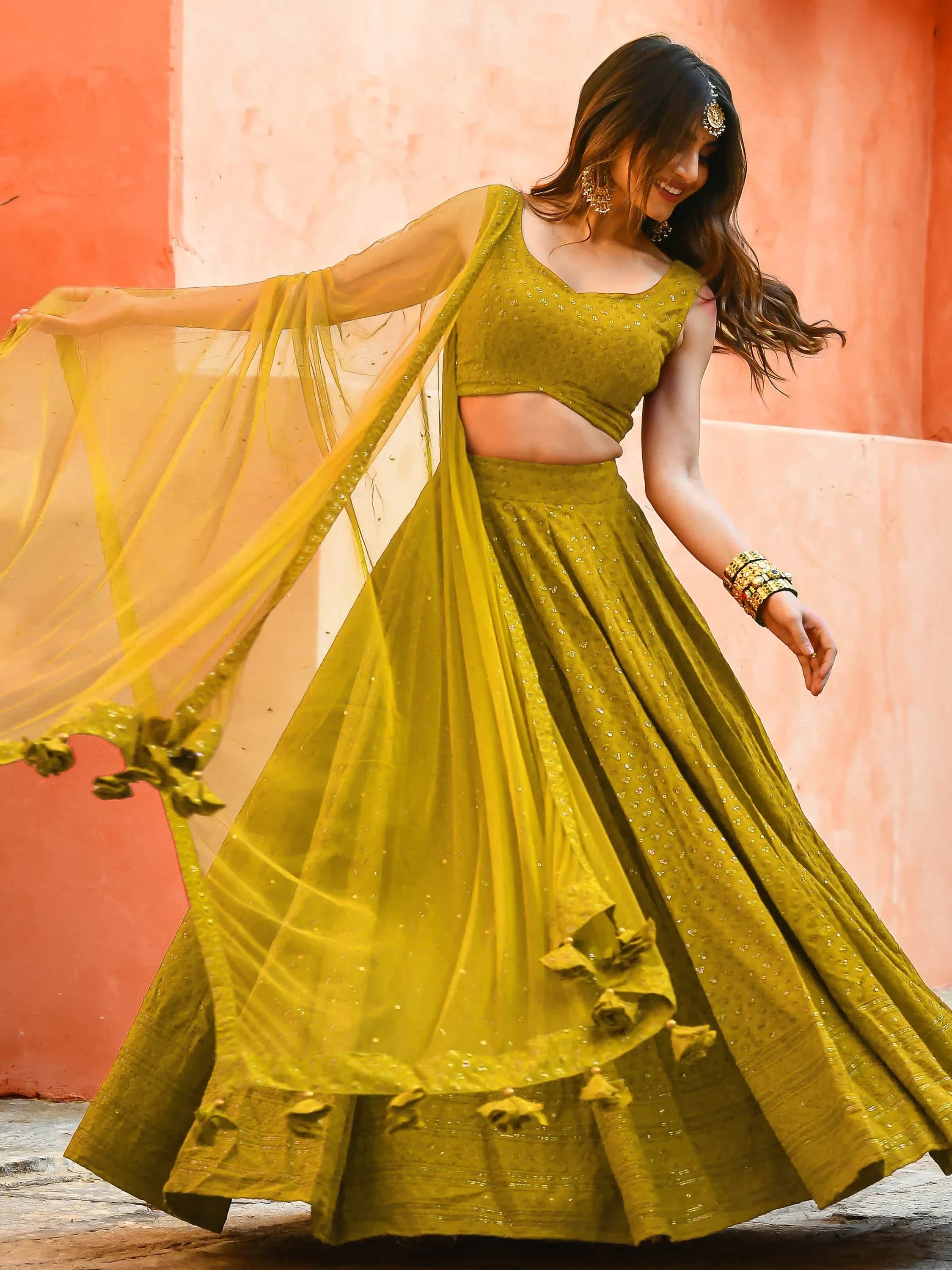 Mustard Sweet Sequins Georgette Reception Wear Lehenga Choli