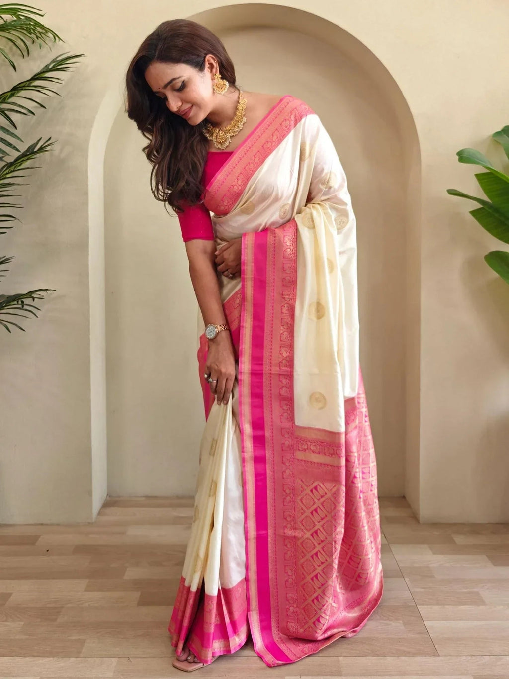 Glamorous Off-White Zari Weaving Festival Wear Saree With Blouse