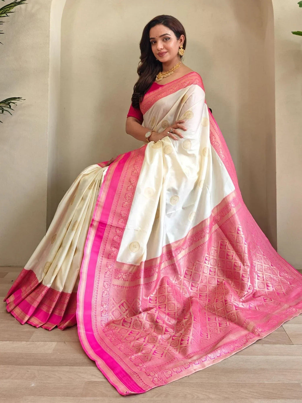 Glamorous Off-White Zari Weaving Festival Wear Saree With Blouse