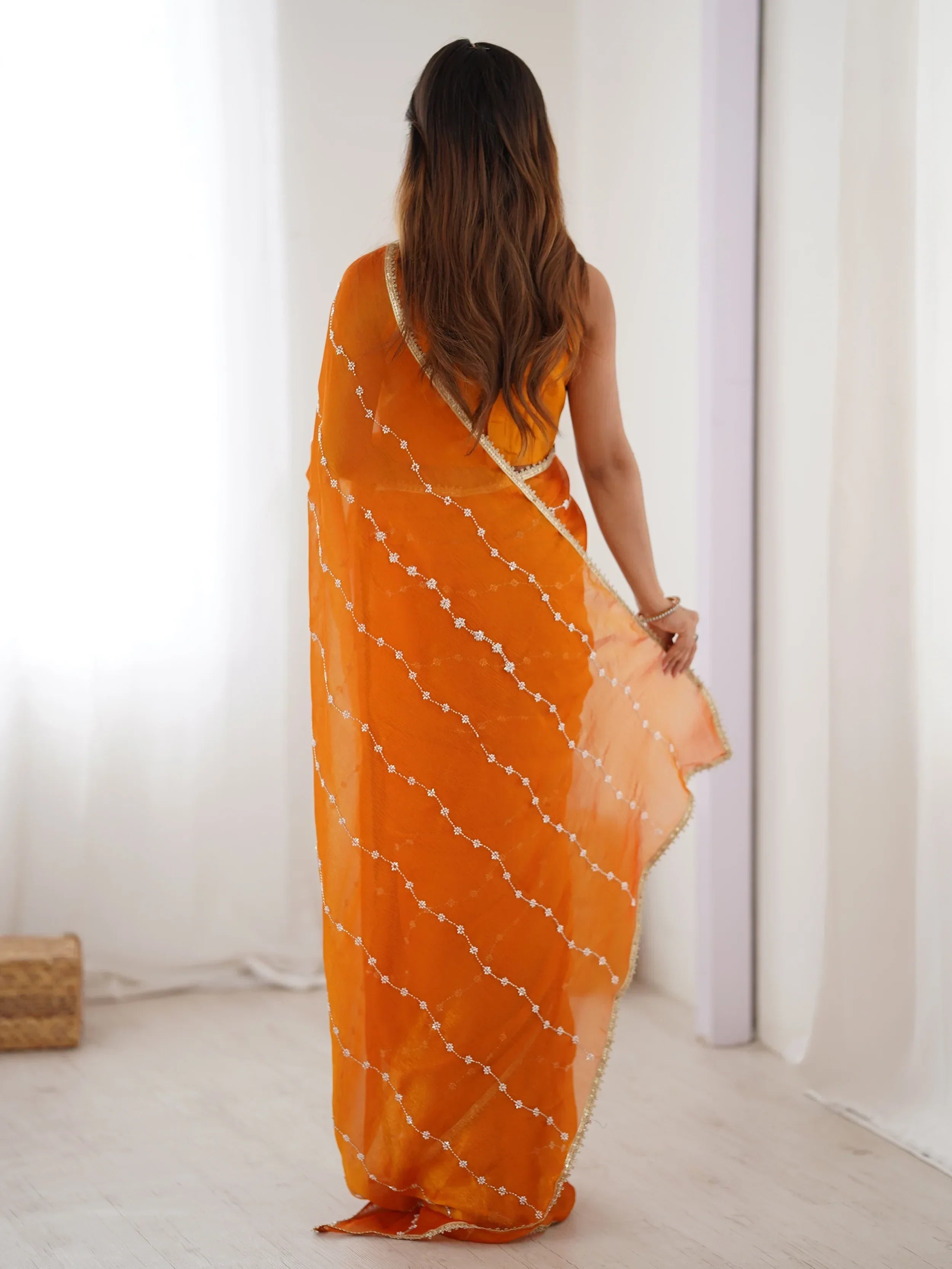 Orange Majestic Chiffon Beads Work Saree With Blouse