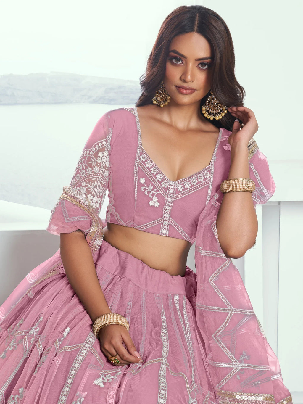 Glamorous Pink Thread Embroidered Work Net Wedding Lehenga Choli
